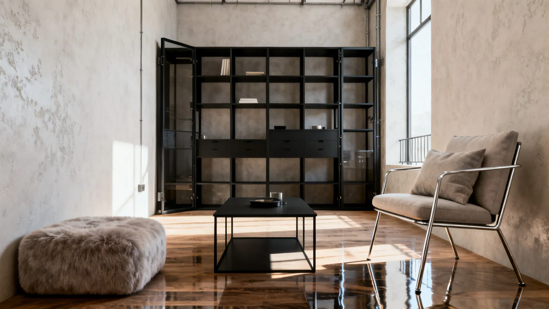 Minimal loft with slim black metal furniture, plush ottoman and open sightlines.