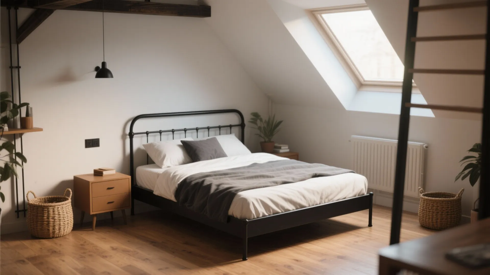 5. Minimalist Black Furniture with Natural Tan Accents