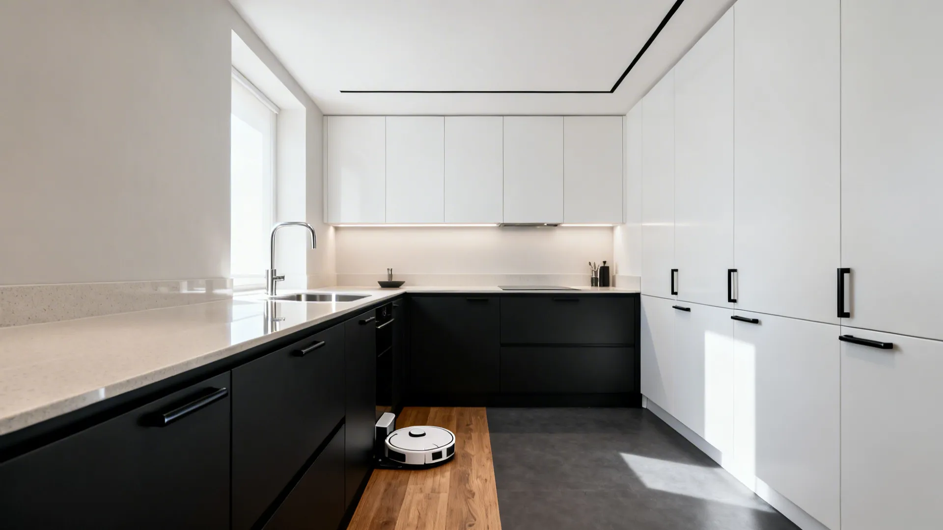 Compact kitchen with matte black base cabinets and white uppers creating a tall, light look.