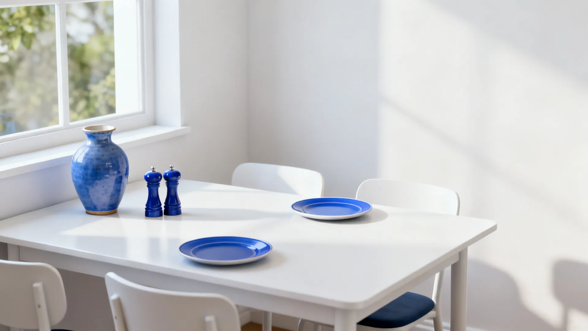 Tiny dining nook with a white table and selective cobalt blue accents