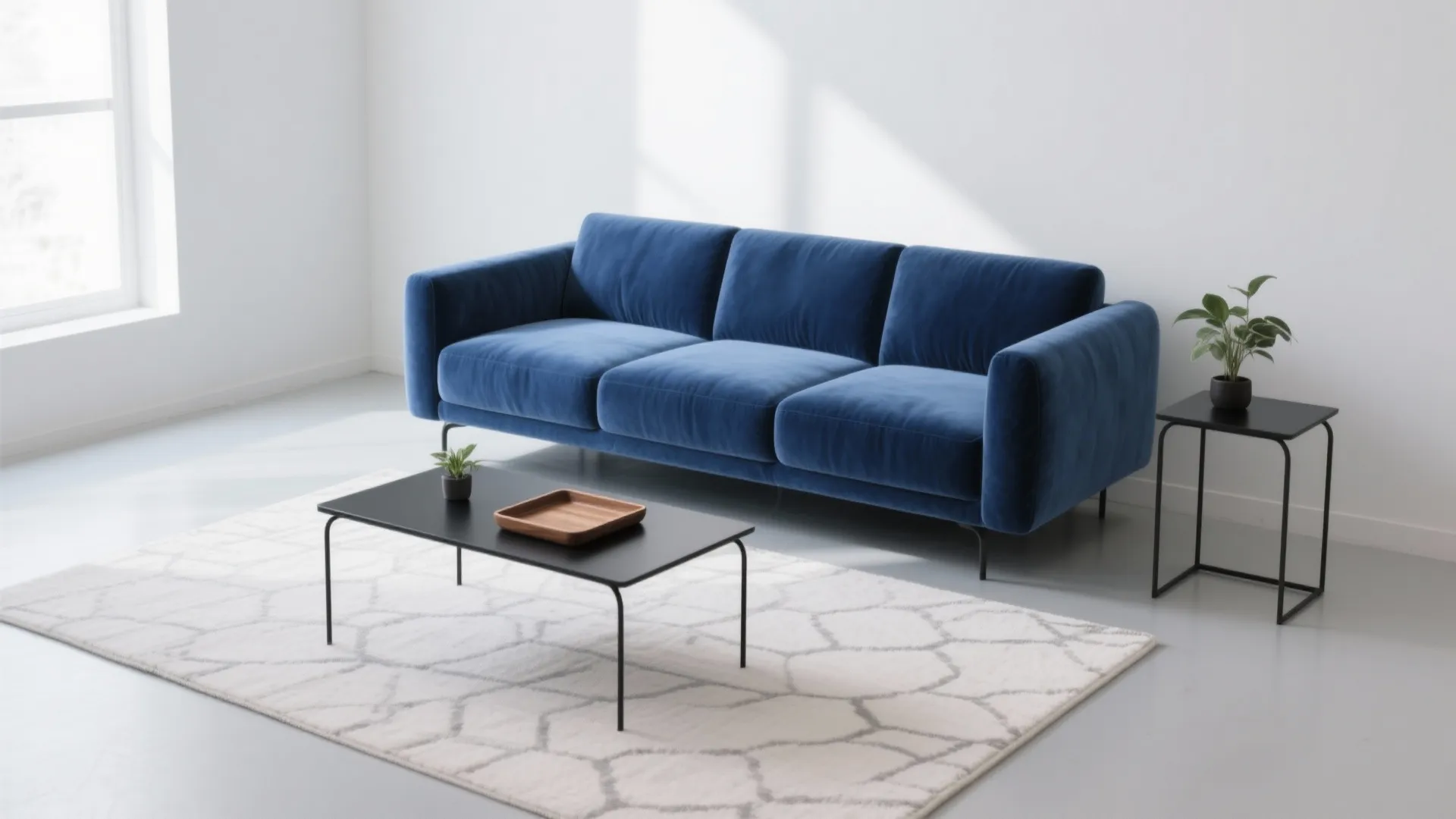 Modern blue sofa on a white rug with a black coffee table and side table