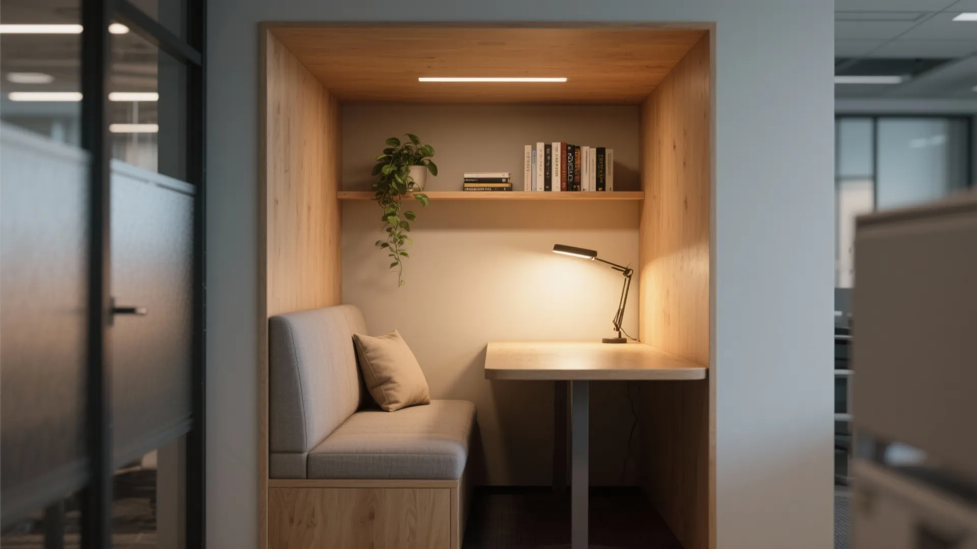 Small wooden office booth with grey sofa seat wooden desk table lamp and indoor plant