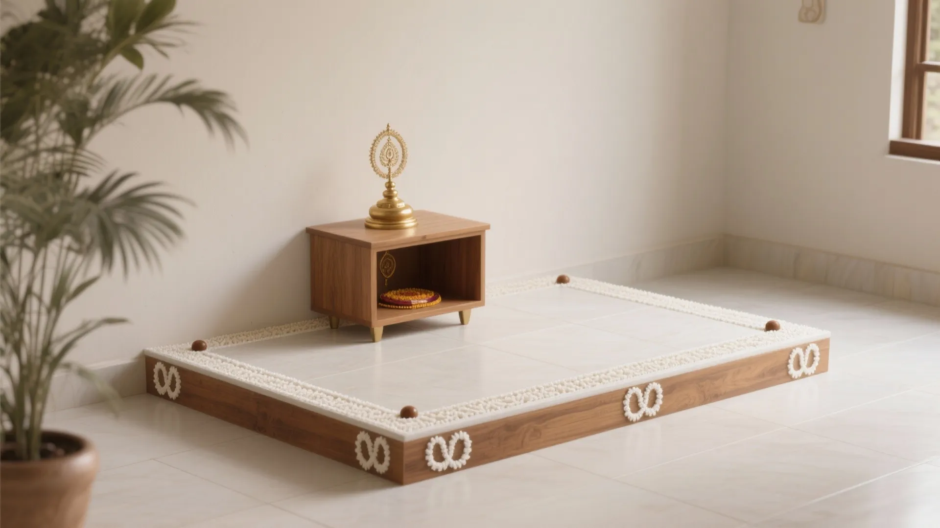 Minimalist Kolam Borders Around a Compact Mandir