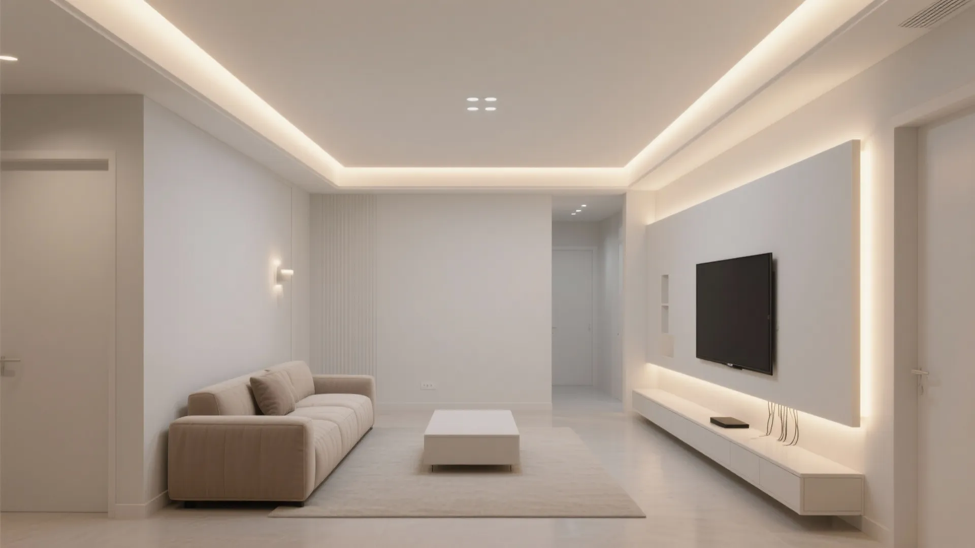 Minimal POP border with warm cove lighting framing a compact living hall.