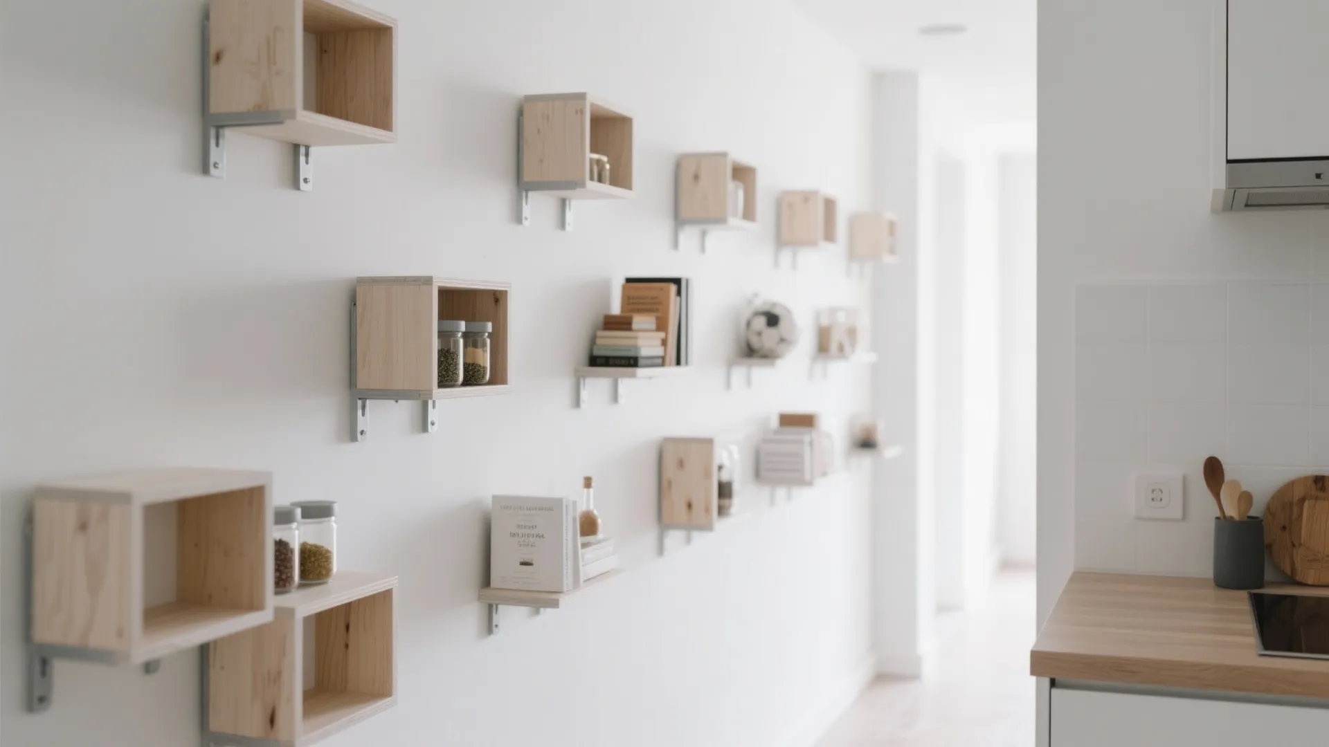 Minimalist box shelving on walls