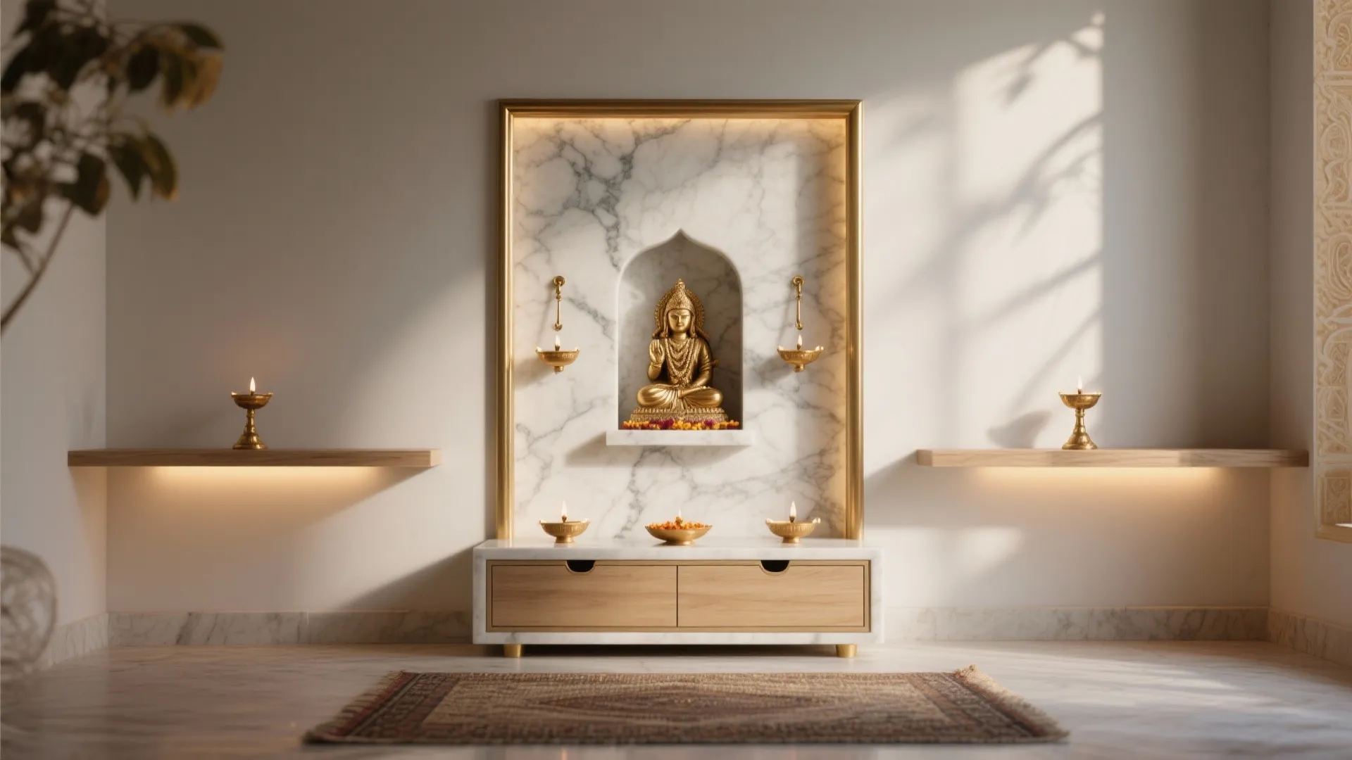 Minimal marble sanctum with brass accents