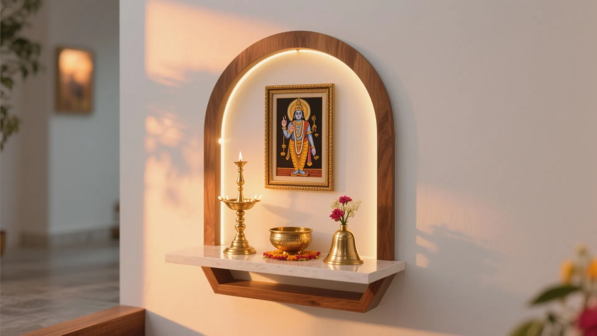 Minimal altar with layered brass accents