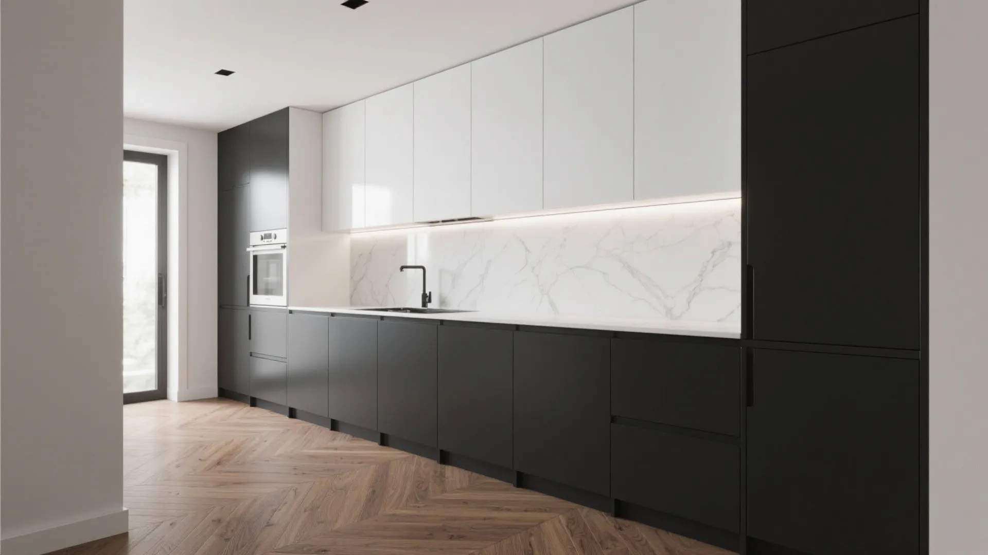 Minimalist kitchen storage with bright, lifted lines