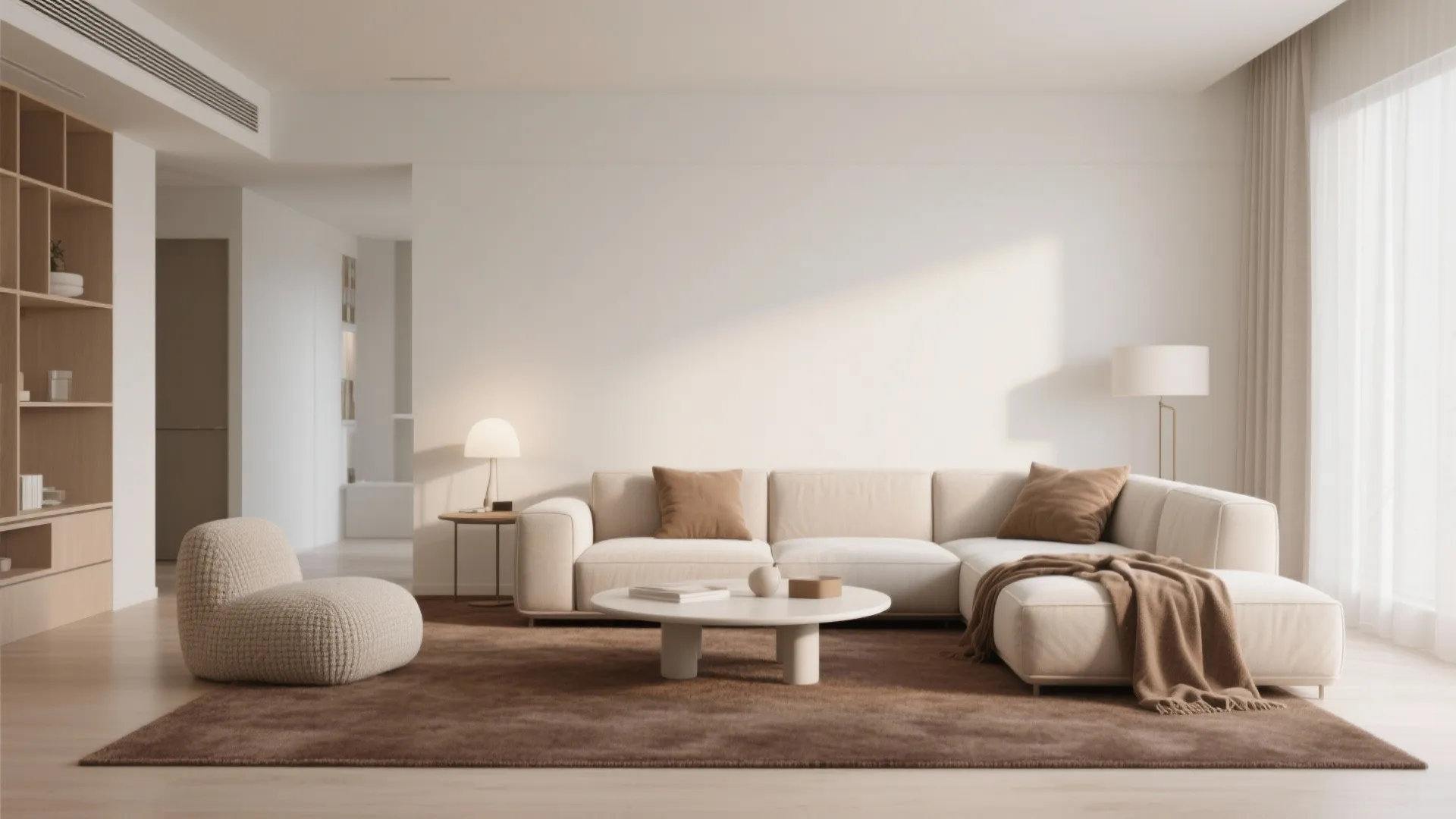 Minimalist living room with mocha carpet and white walls