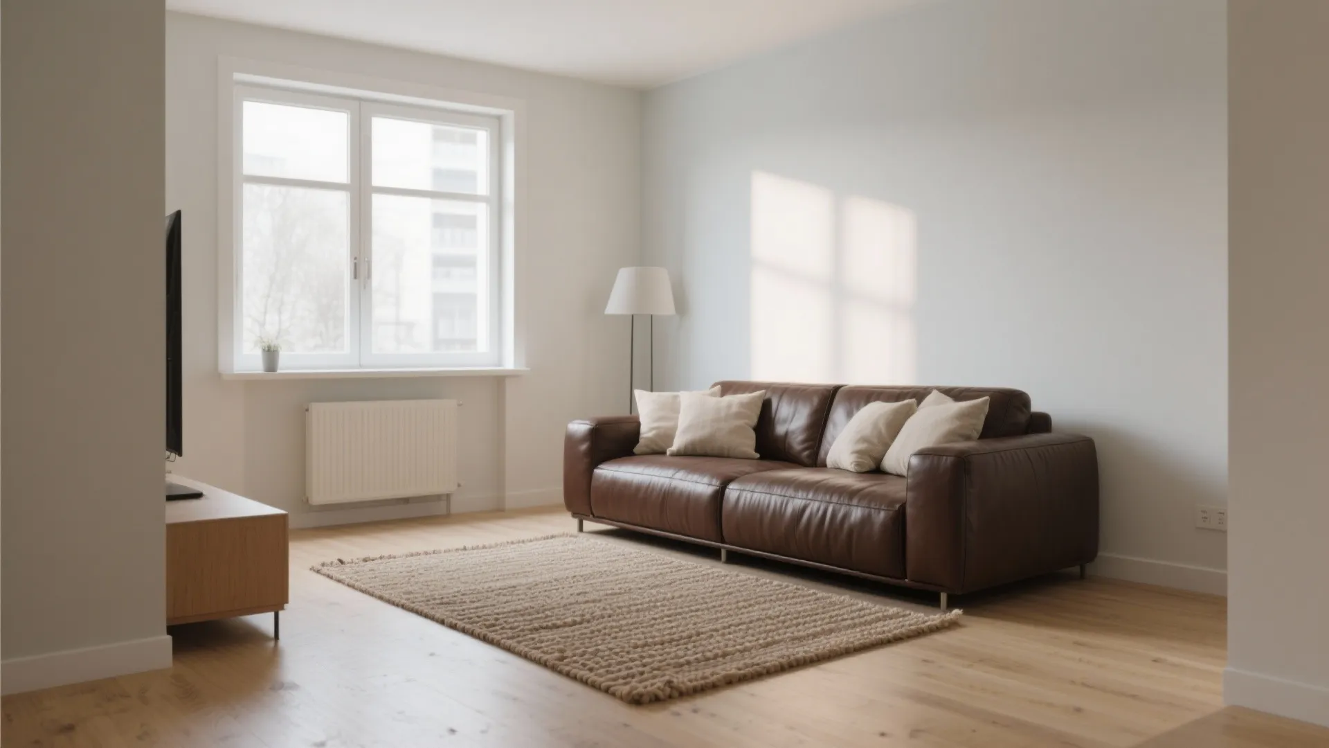 Minimalist small living room with brown leather sofa