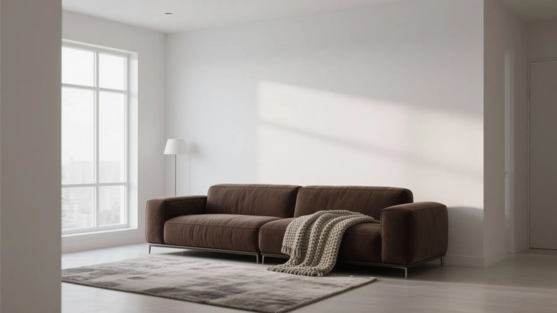 Minimalist white living room with brown sofa and grey rug plus floor lamp and window