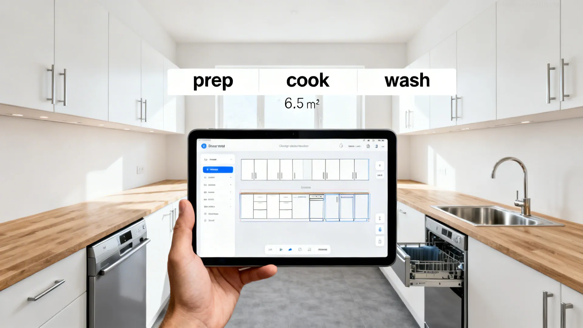 A minimalist galley kitchen plan on a tablet shows cabinet modules and door swing clearances in a bright small kitchen.