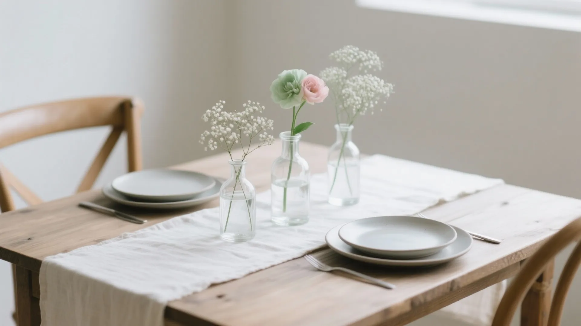 Minimalist bud vase centerpieces with baby’s breath and a single accent bloom on a linen runner.