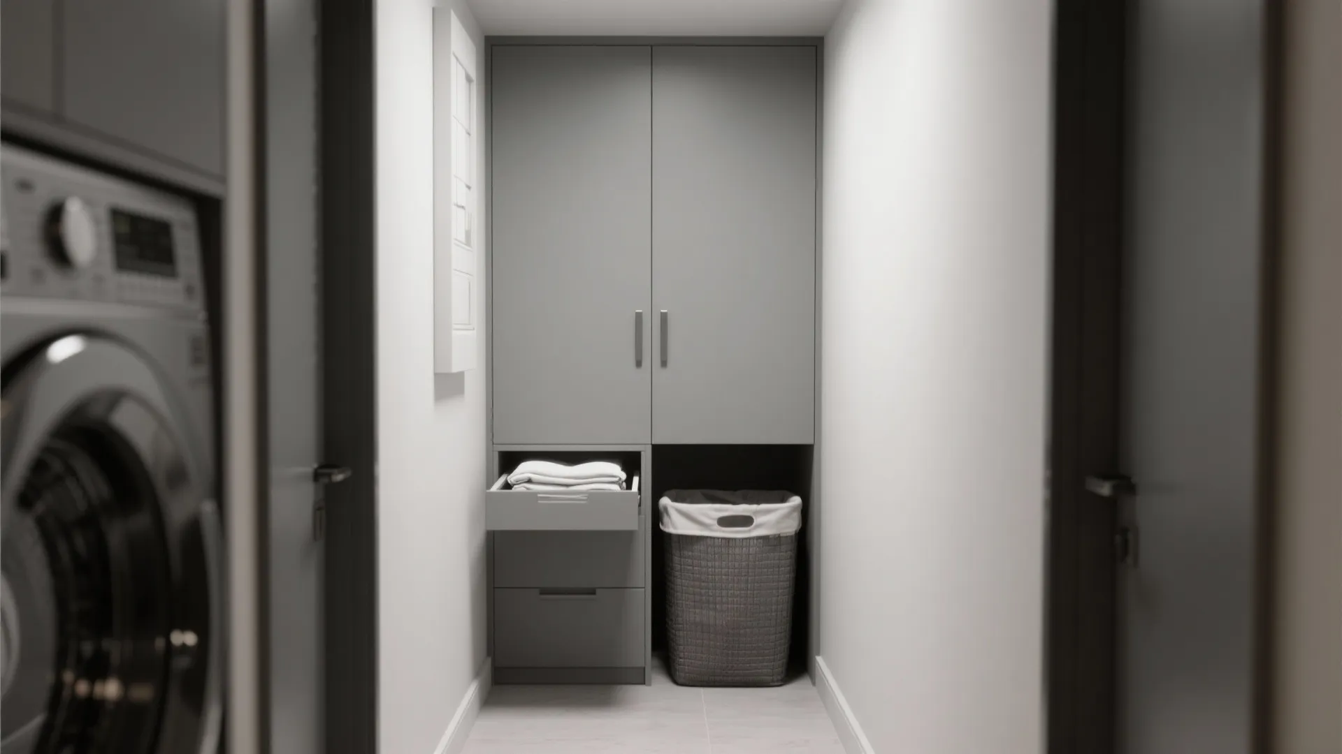 Grey laundry room storage cabinet with open drawer for folded clothes and grey woven laundry basket