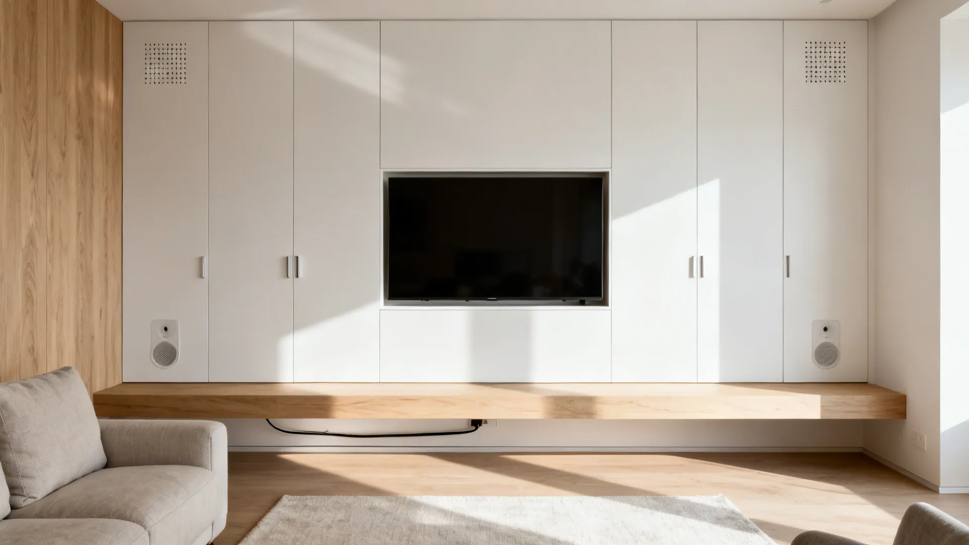 Minimal built-in TV wall with floating bench and hidden storage in soft daylight.
