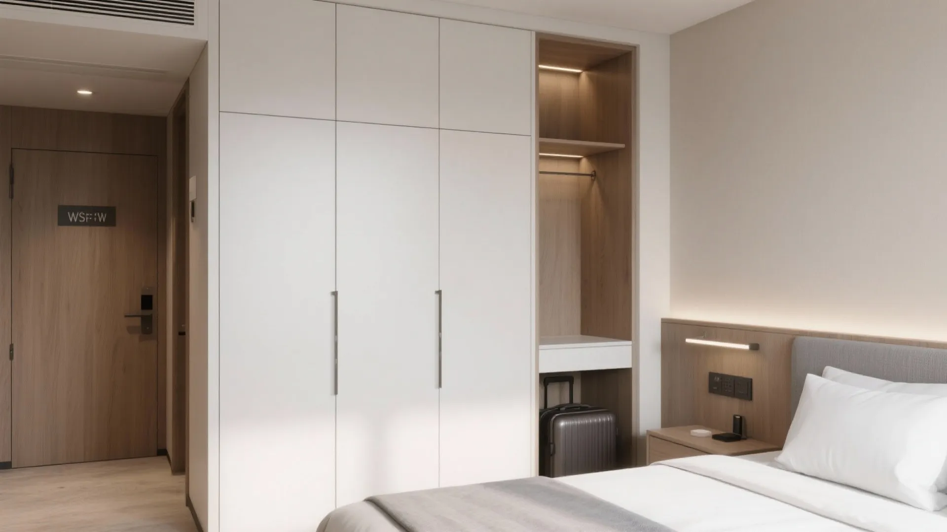Minimalist built-ins with hidden storage make a small hotel room look calm and spacious.
