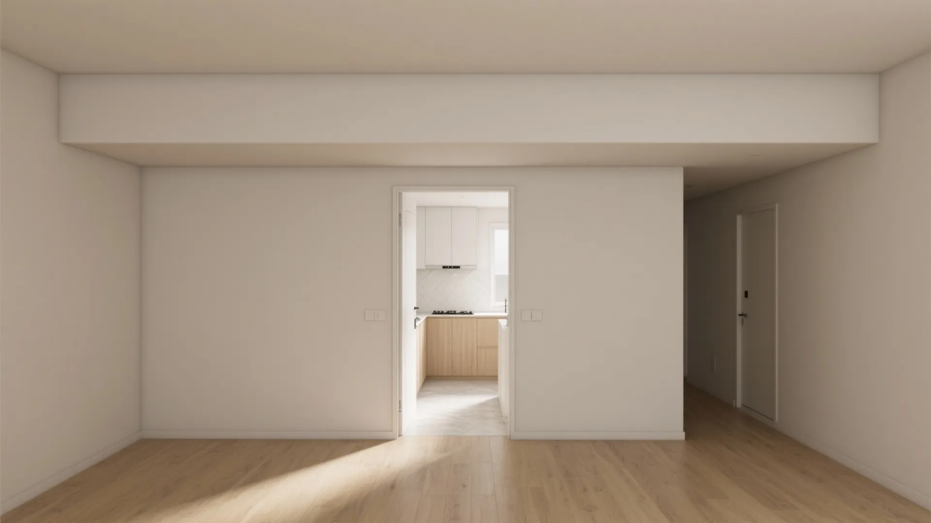 Minimal 150 mm bulkhead drop above entry and kitchen run, clean shadow gap, crisp gypsum board lines in a 42 m² apartment.