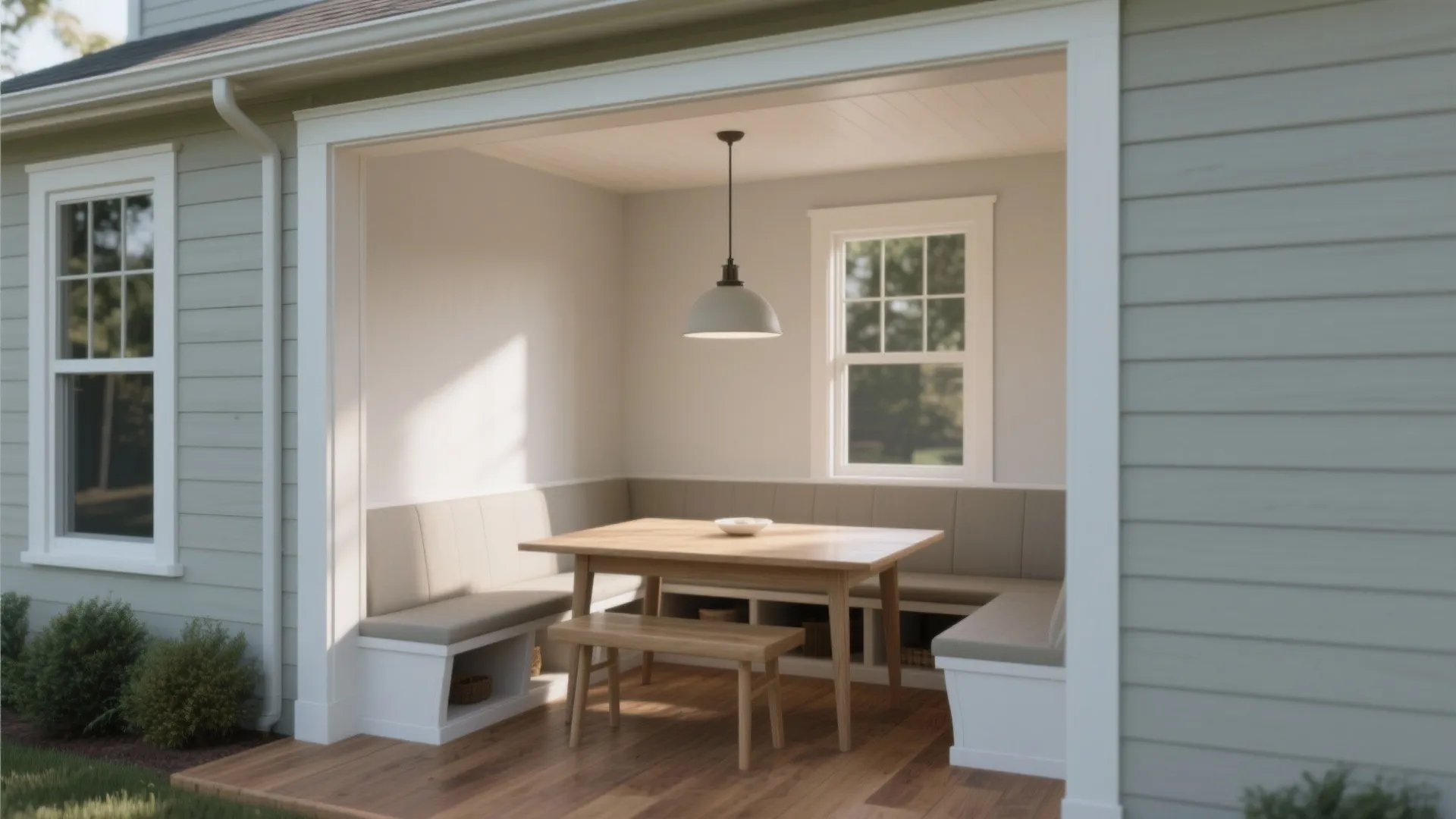 Built in breakfast nook with wooden table bench seating white wall and a ceiling light