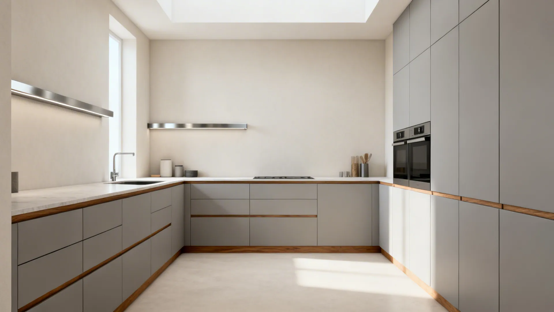 Minimalist storage in a C-shaped kitchen