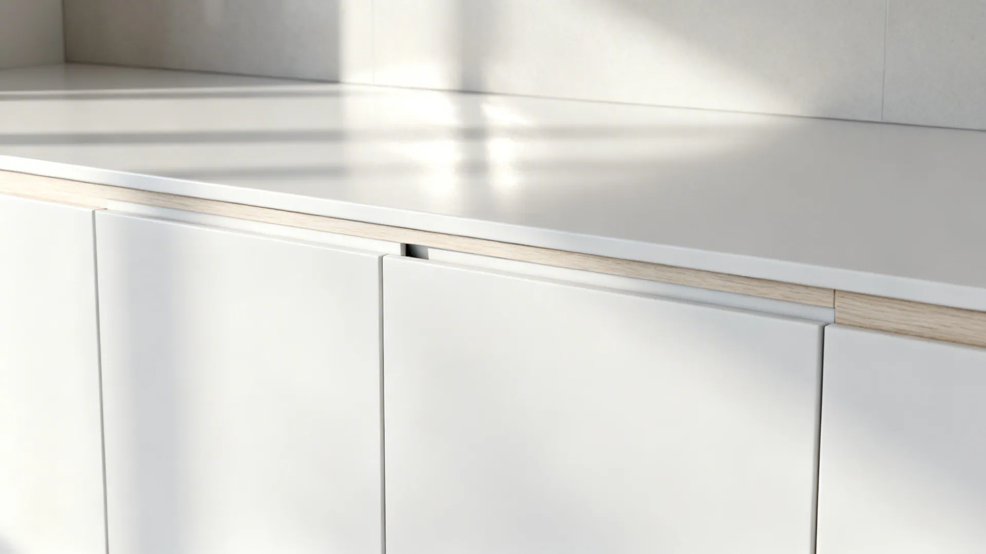 Macro of matte white cabinet with concealed pull and satin backsplash in soft light