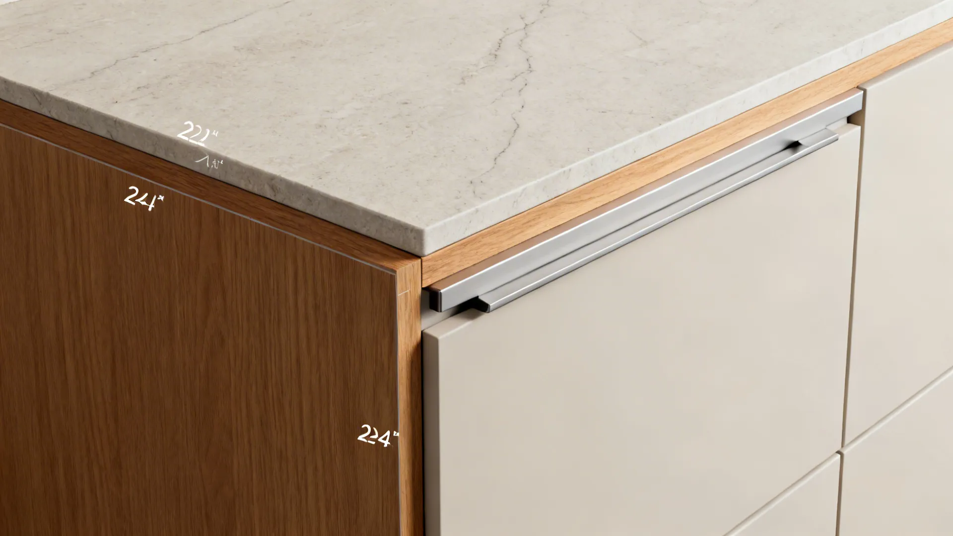 Macro of minimalist cabinet rail and quartz edge showing precise depth and texture.