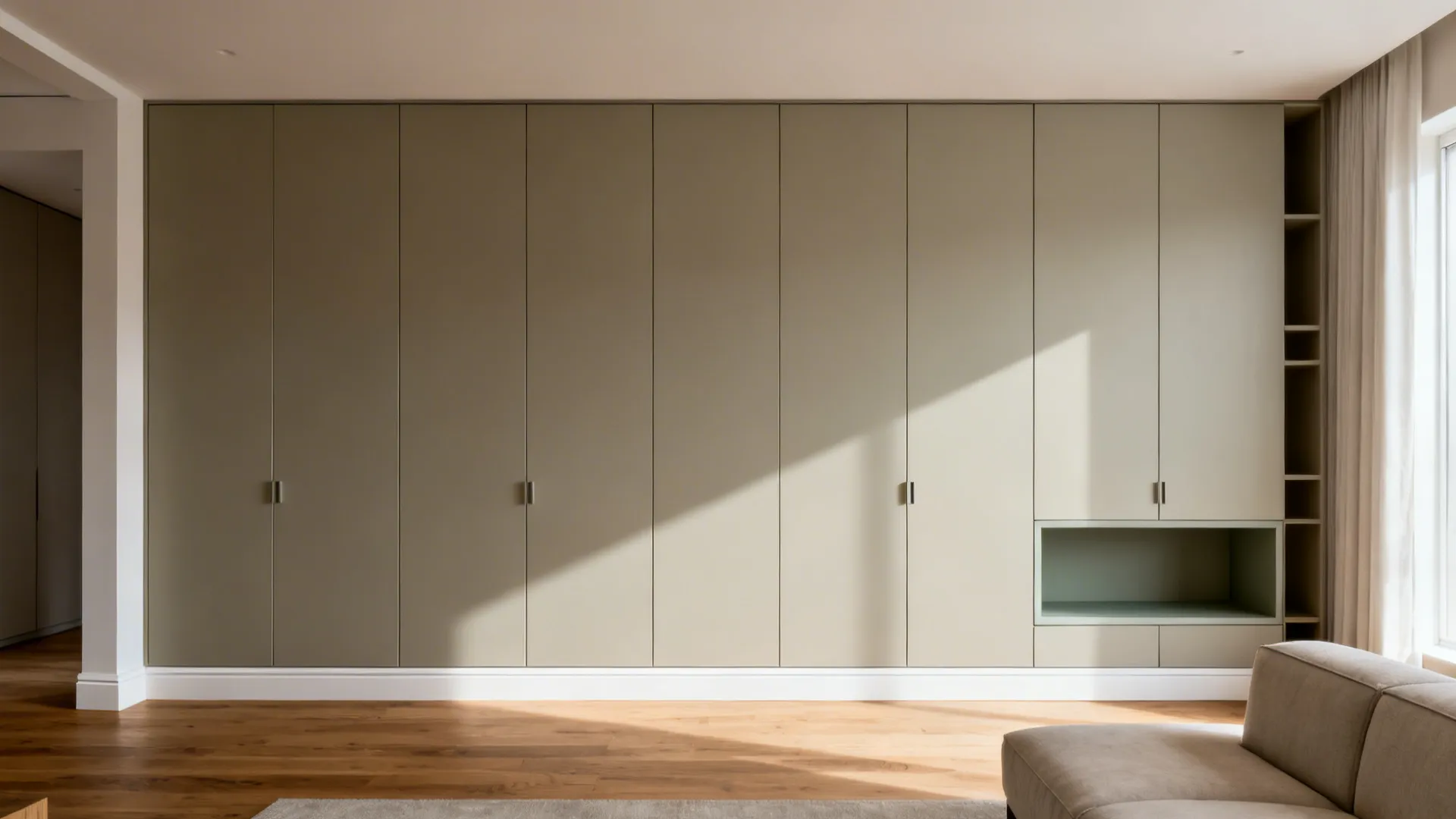 Floor-to-ceiling flush greige cabinets form a seamless living room wall with a hidden niche.