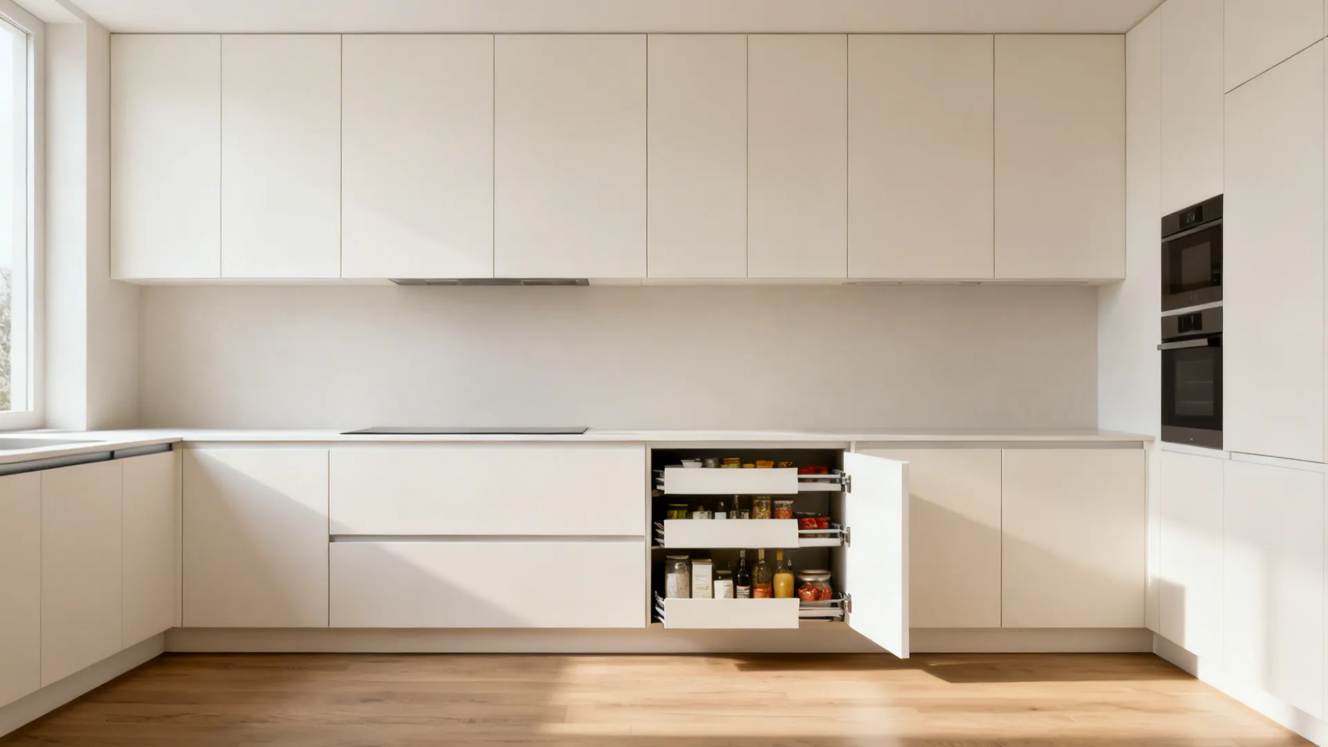 Flat-panel white cabinets with push-to-open uppers and hidden storage in a compact kitchen.