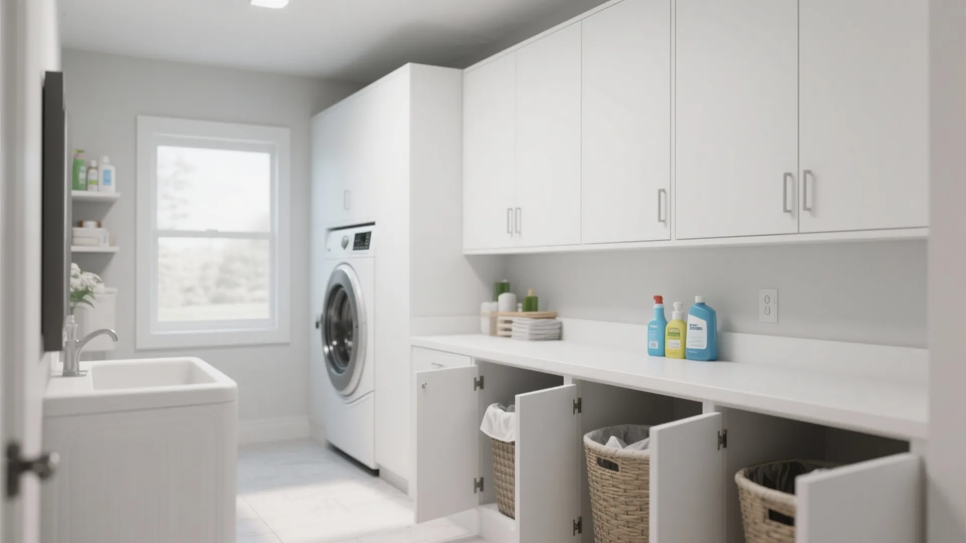 Modern laundry room with white cabinets laundry baskets washing machine sink and bright natural window light