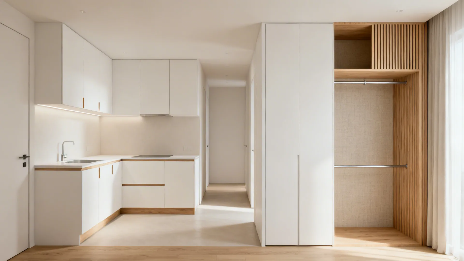 Minimalist matte white kitchen with concealed handles beside a simple rail wardrobe with ribbed wood panel.