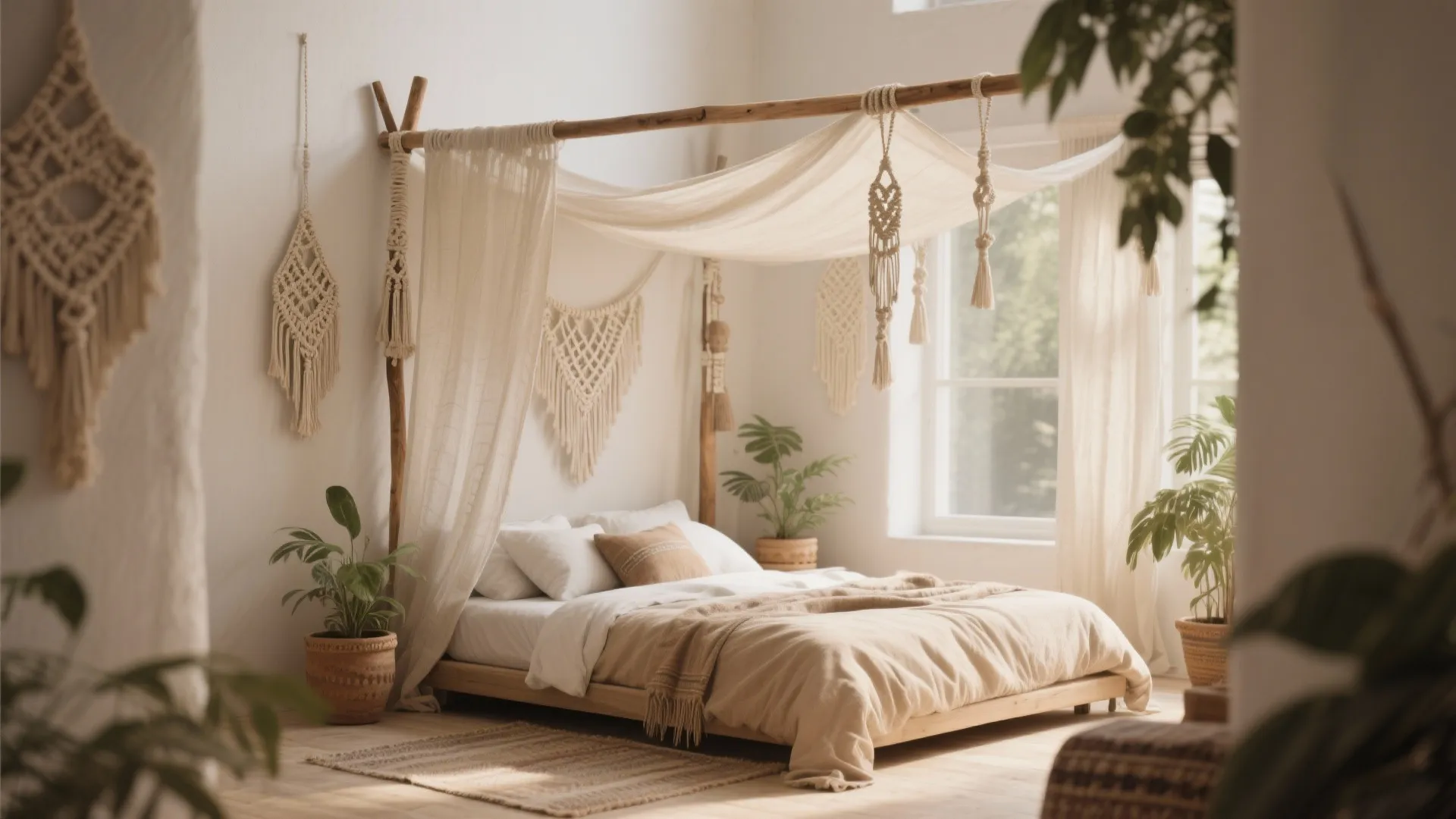 3. Minimal Canopy & Macramé Accents