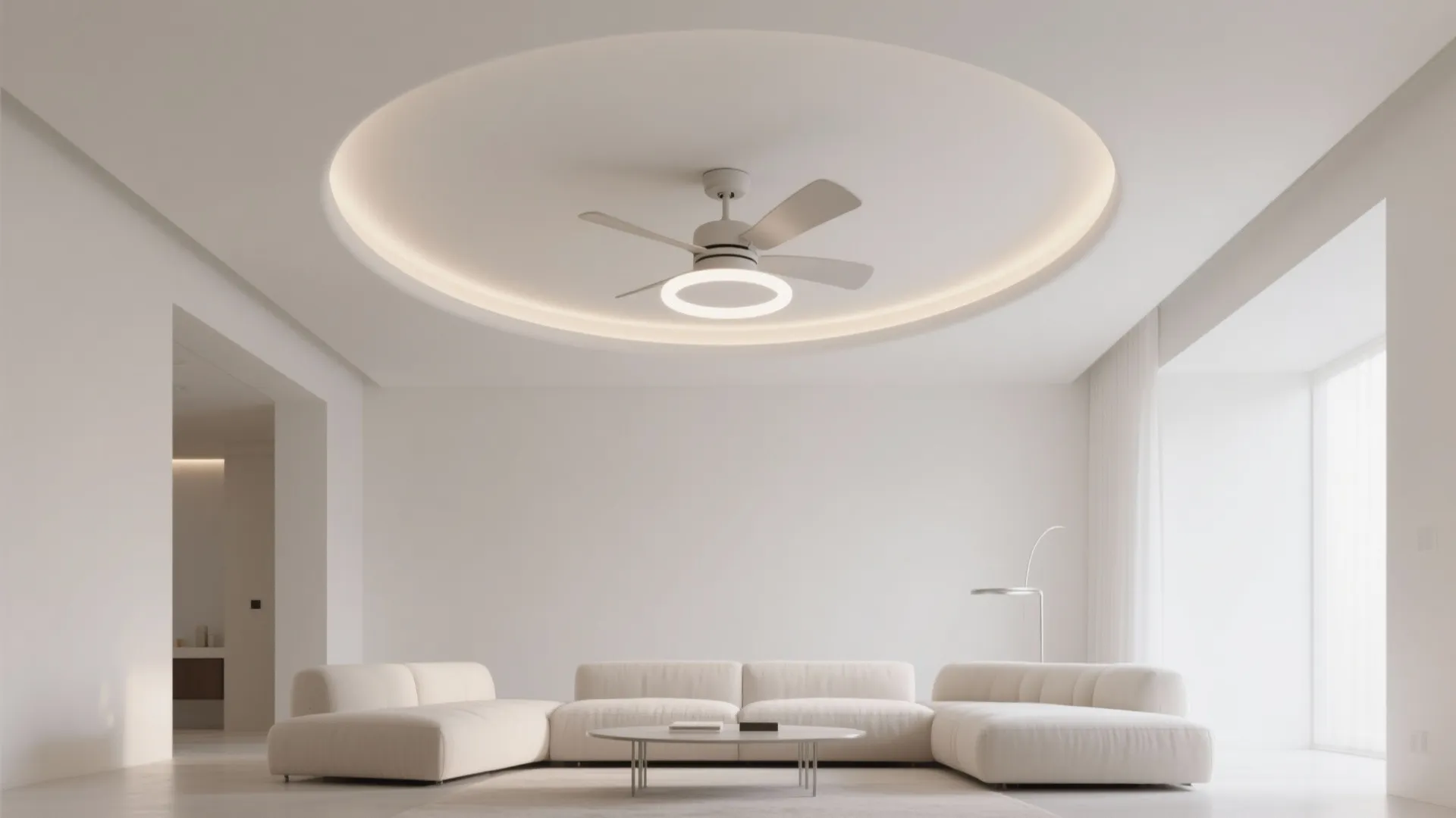 Minimal white ceiling with a sculptural centerpiece