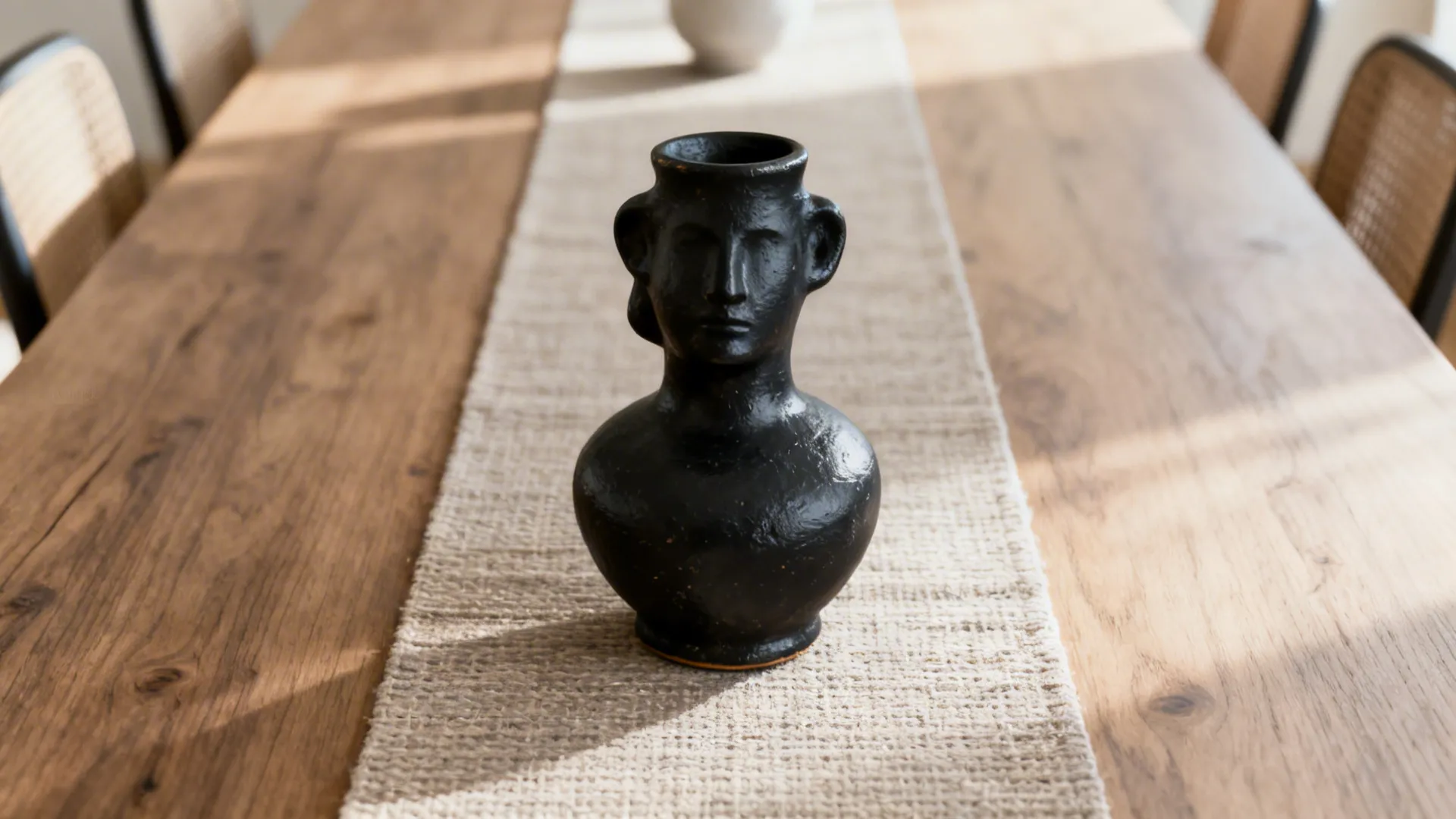 Close-up of a narrow runner and a single matte-black sculptural ceramic piece on a wooden dining table.