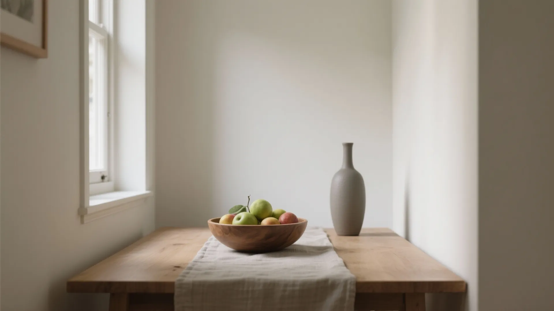 Minimalist wooden table with bowl of apples grey tall vase linen runner and white wall