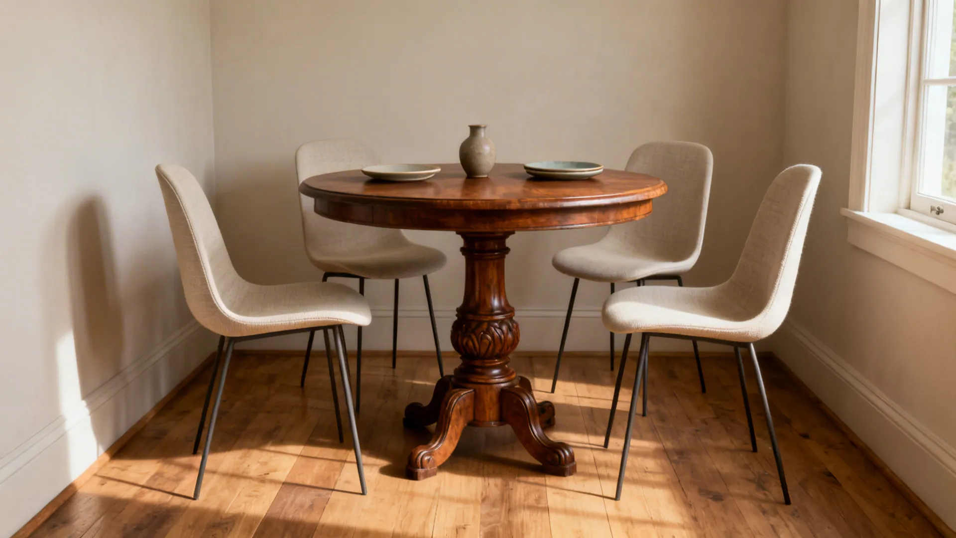 Carved walnut pedestal dining table with slim neutral shell chairs in a compact nook.