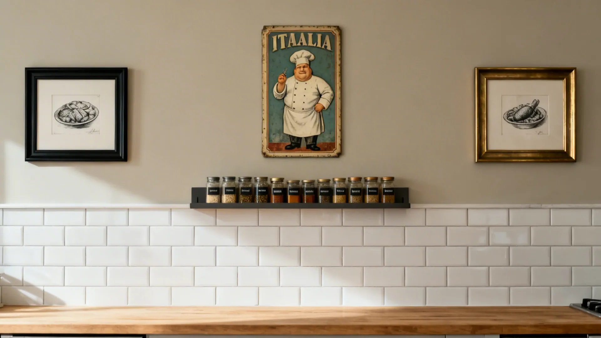 Minimalist wall with a central vintage chef plaque above a slim spice ledge and two small monochrome food sketches.