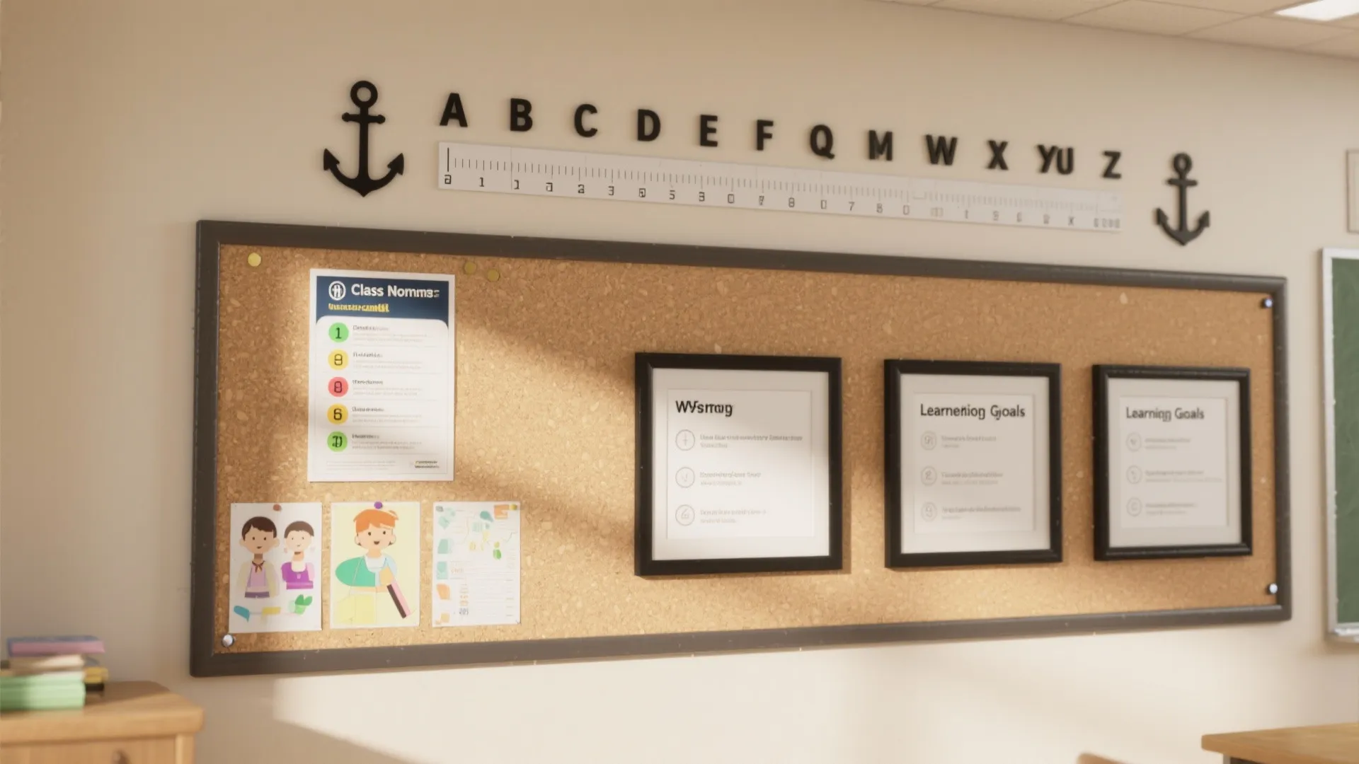 Classroom cork board with student work and alphabet letters displayed on a light colored wall