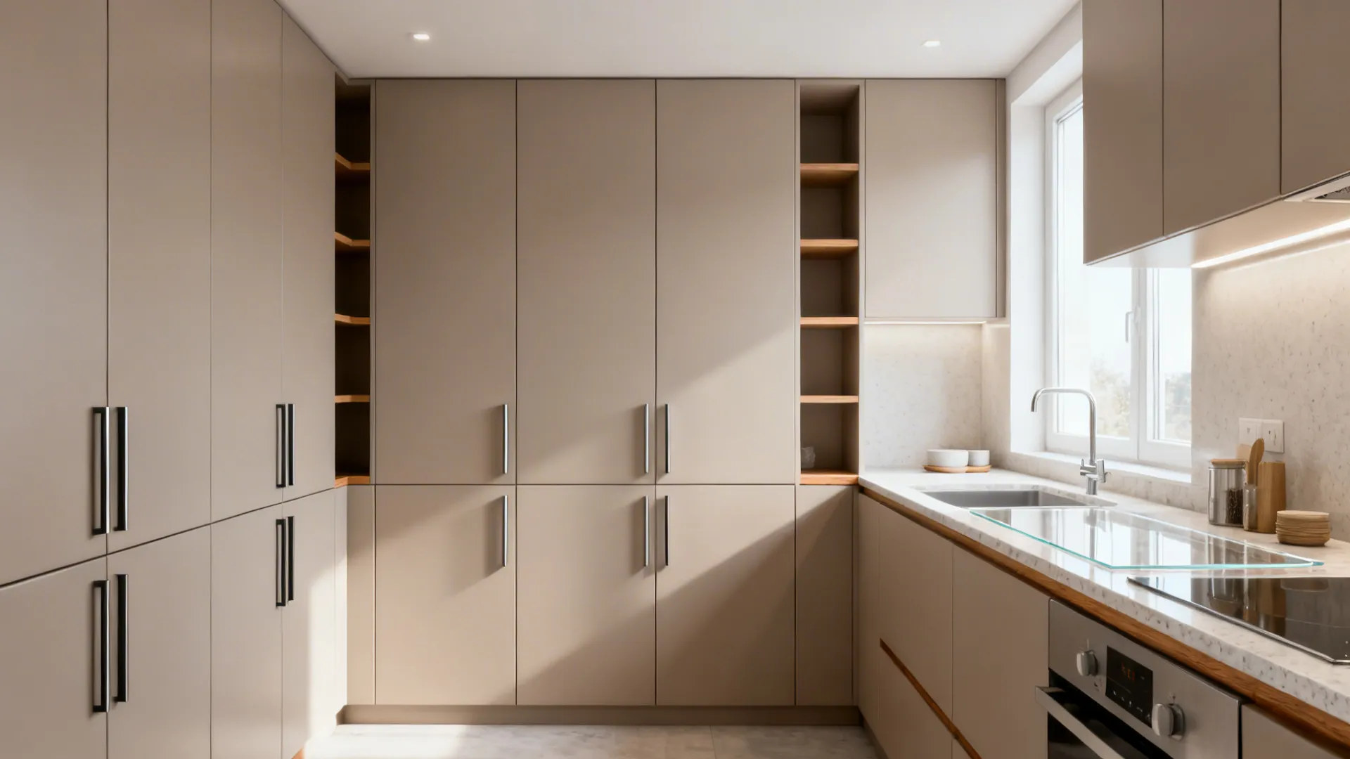 Minimalist 8 x 7 kitchen with matte closed-front modular cabinets, slim pulls, and a light backsplash.