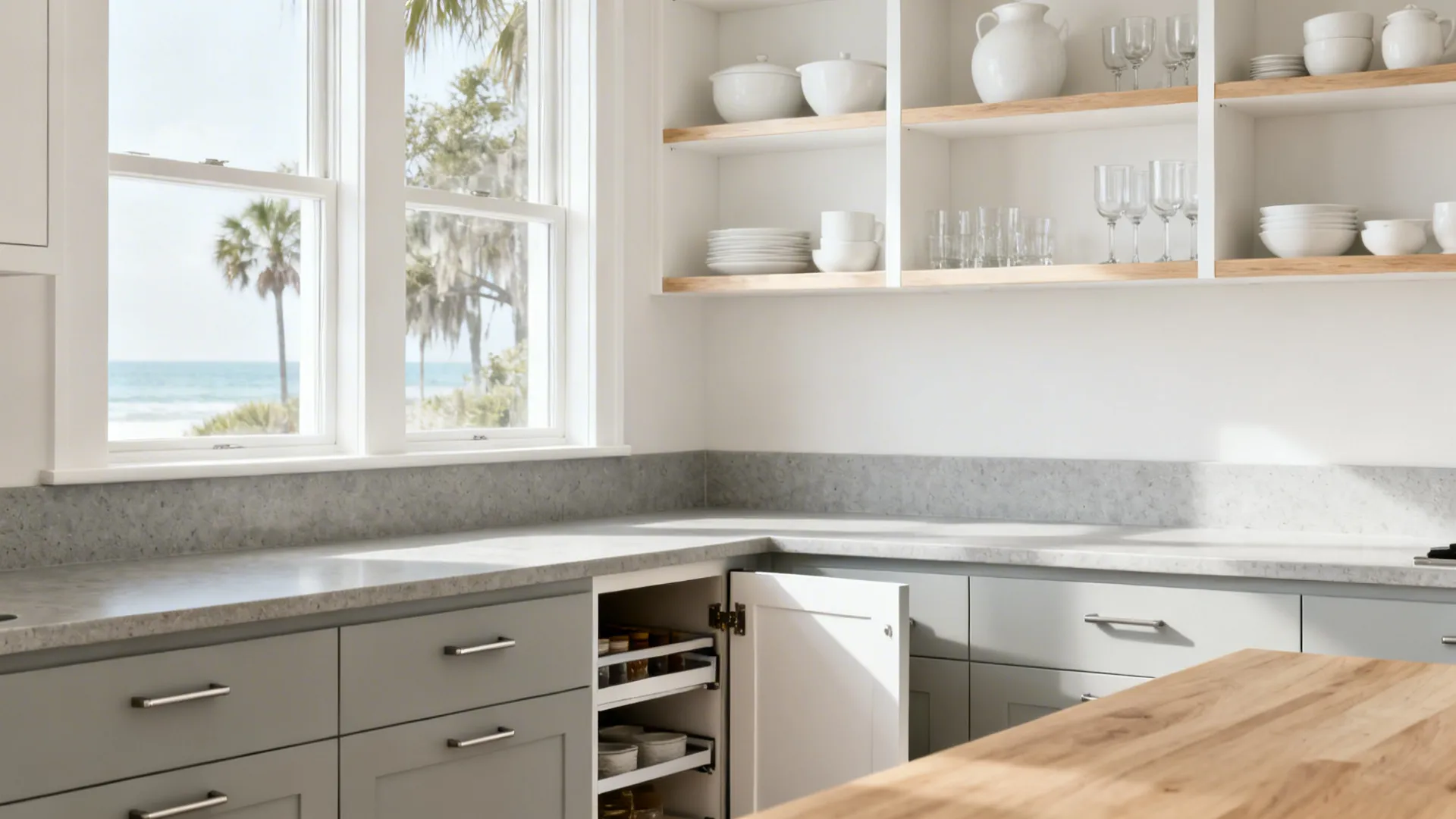 Minimal coastal storage with white oak open shelves and concealed base cabinets in a bright L-shaped kitchen.