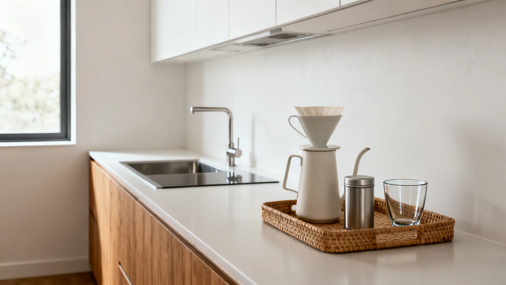 Modern kitchen counter with wooden cabinets featuring a coffee brewing set on a woven tray