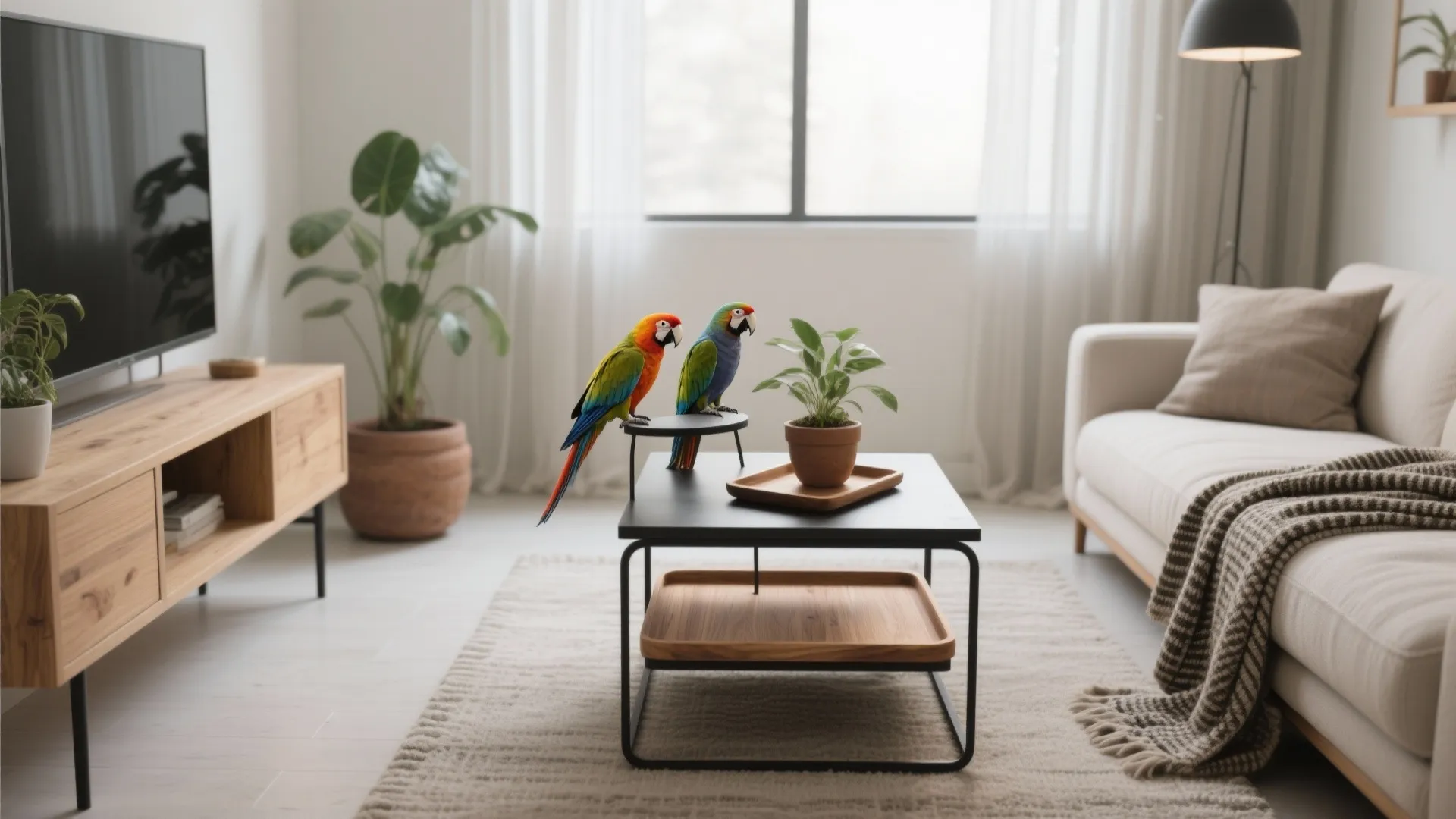 Black metal coffee table with wooden trays and two colorful parrots in modern living room