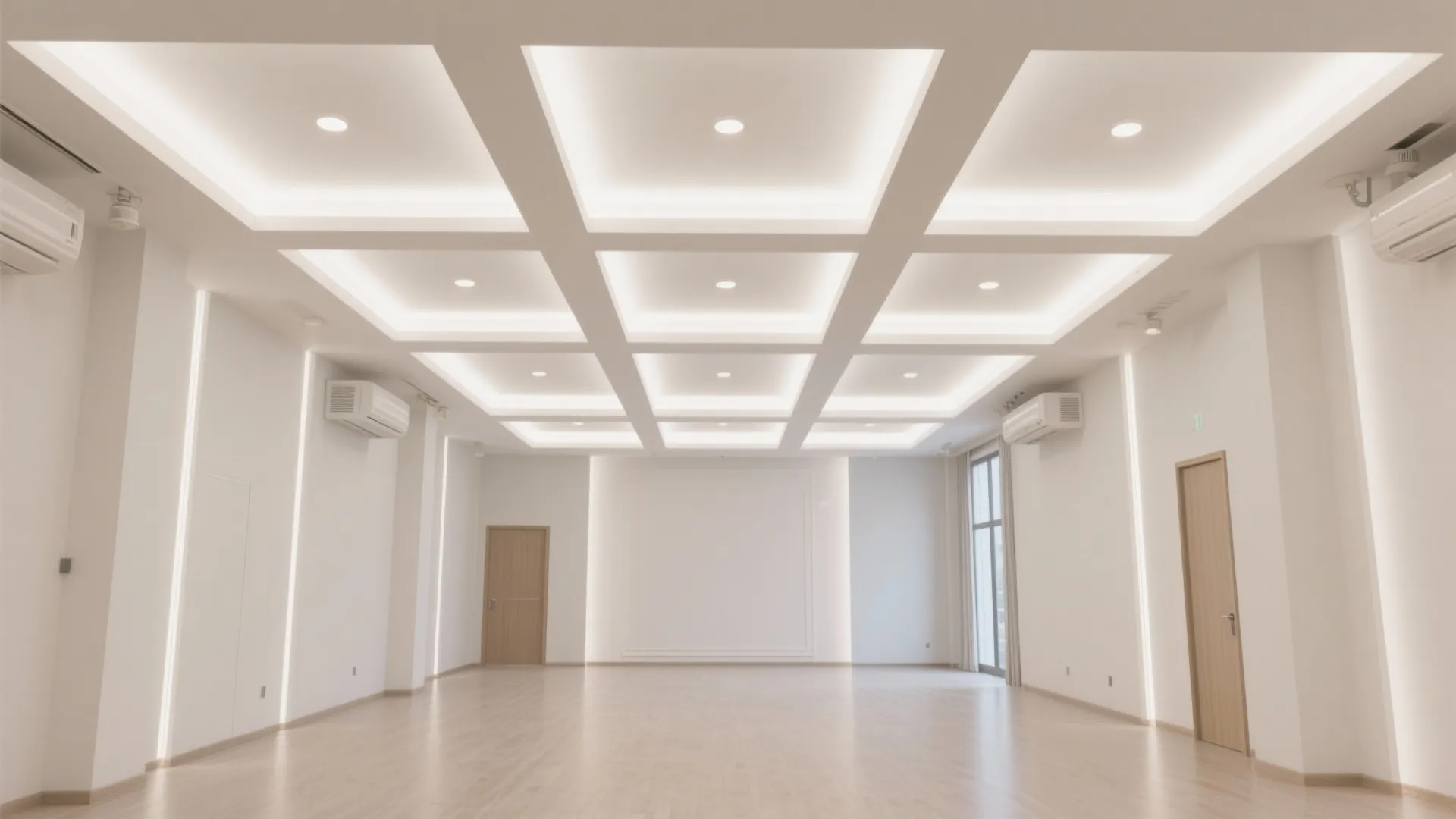 Small wedding hall with shallow coffered grid and evenly spaced downlights.