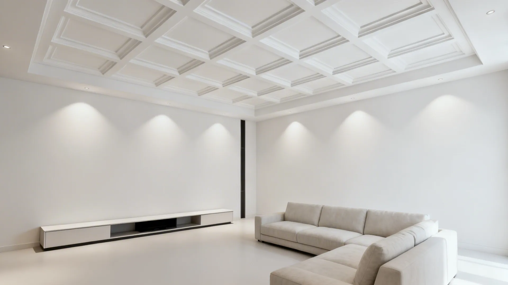 Small living room with a shallow coffered ceiling grid that adds depth without weight.