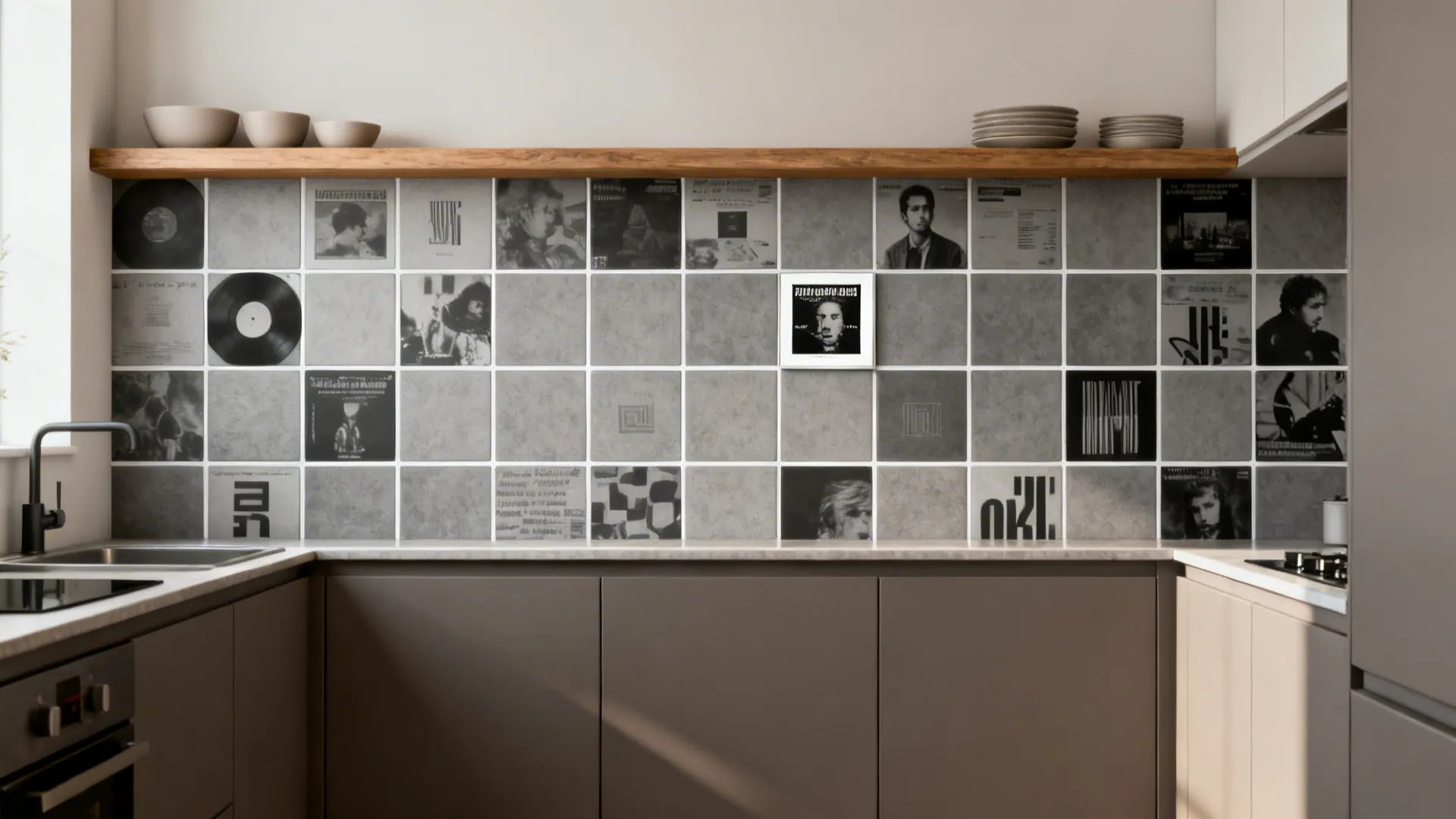 1) Minimalist Album Collage Backsplash