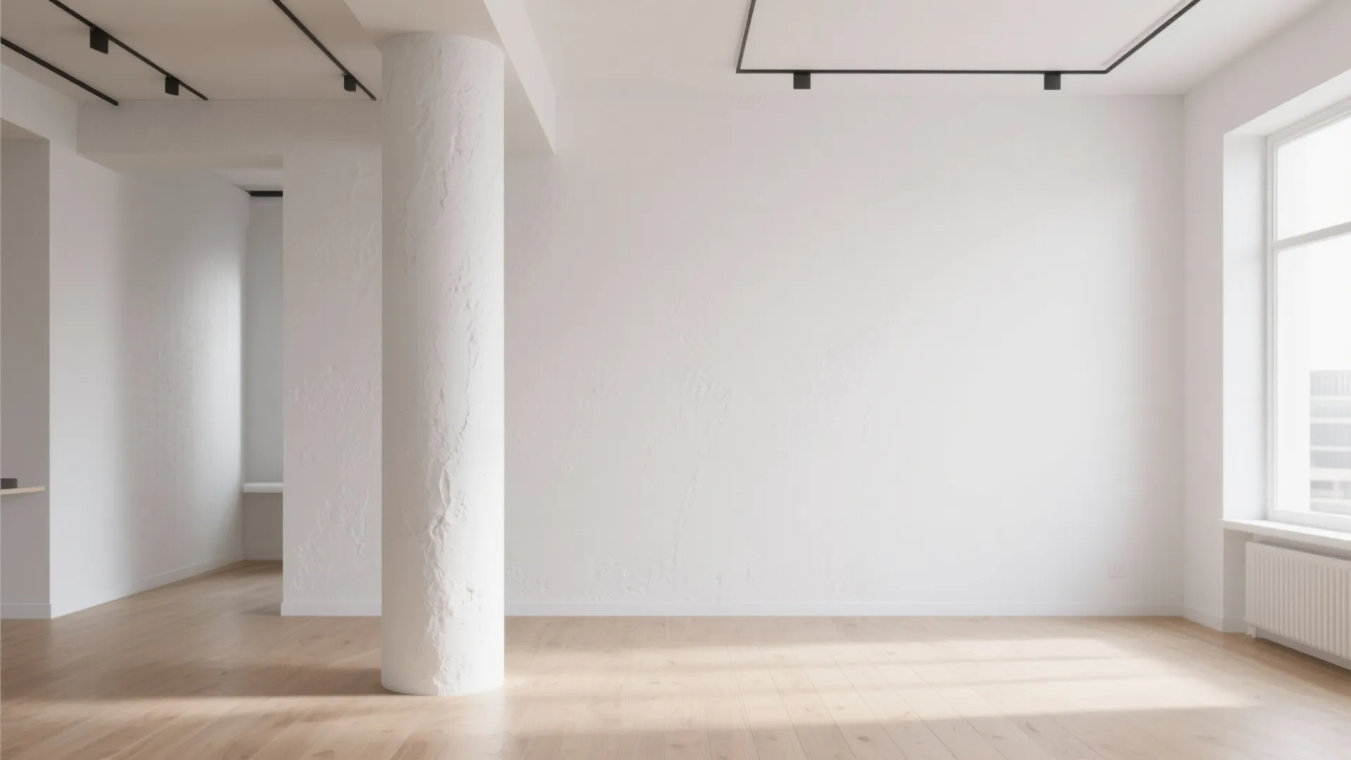 Empty modern room with white walls wooden floor large round structural column and bright natural light