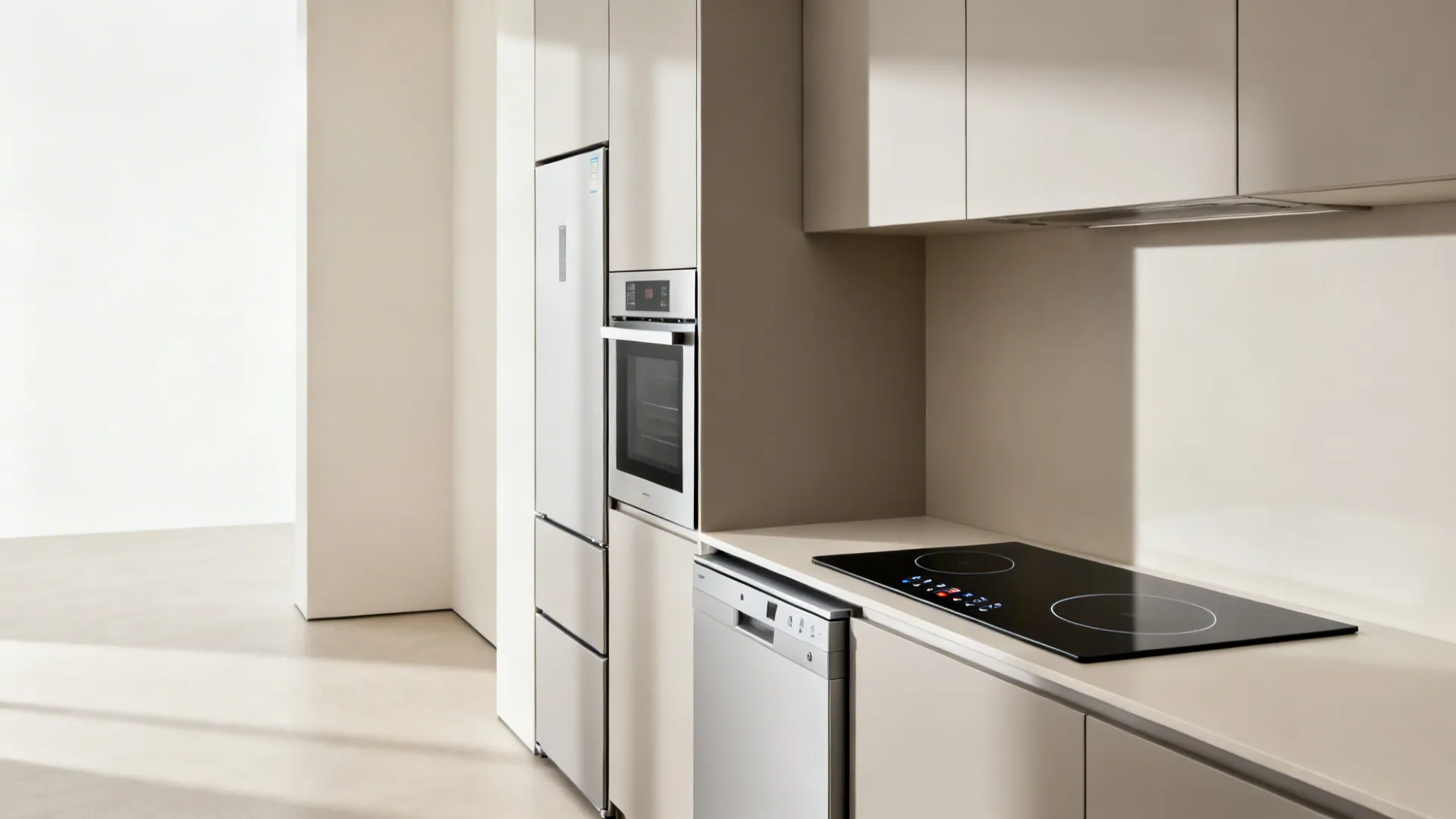 Minimalist single-wall kitchen with slim induction, compact oven, 18-inch dishwasher, and integrated drawer fridge.