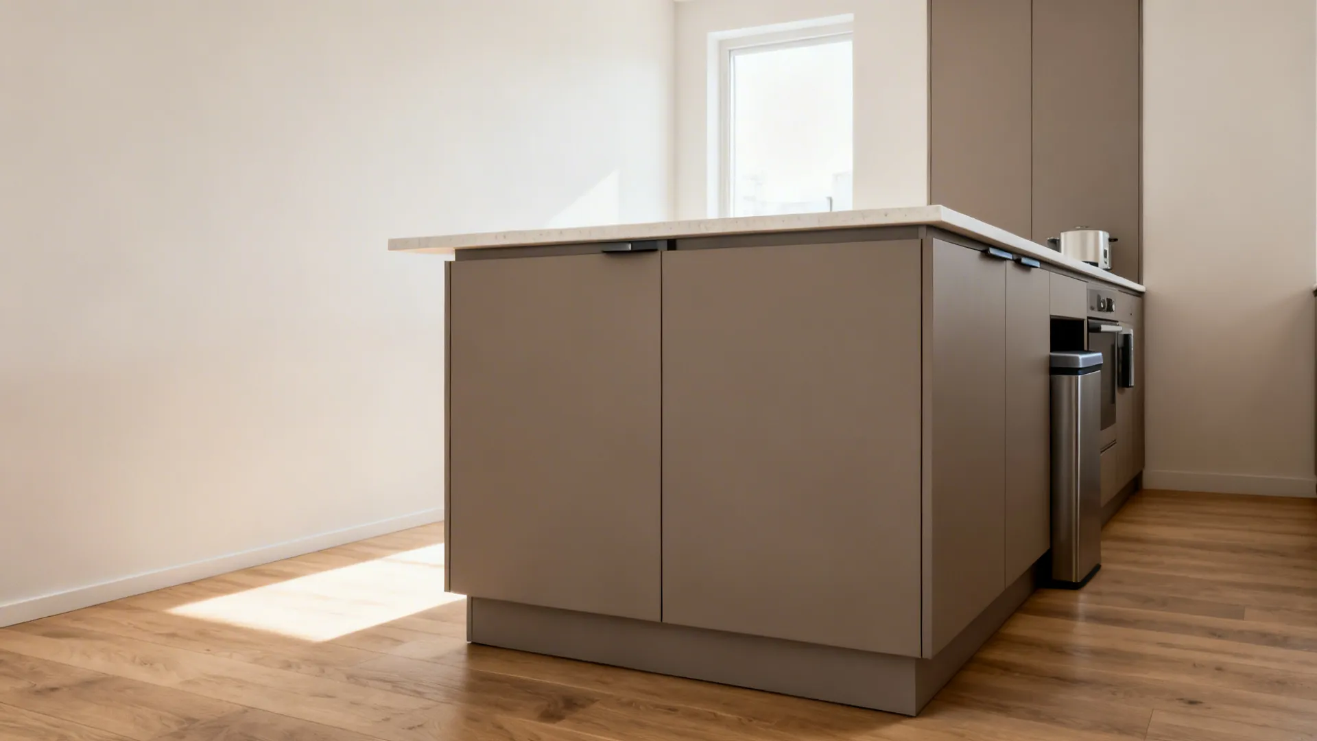 Minimalist kitchen island with flat concealed-storage panels and a slim pale quartz top in soft daylight.