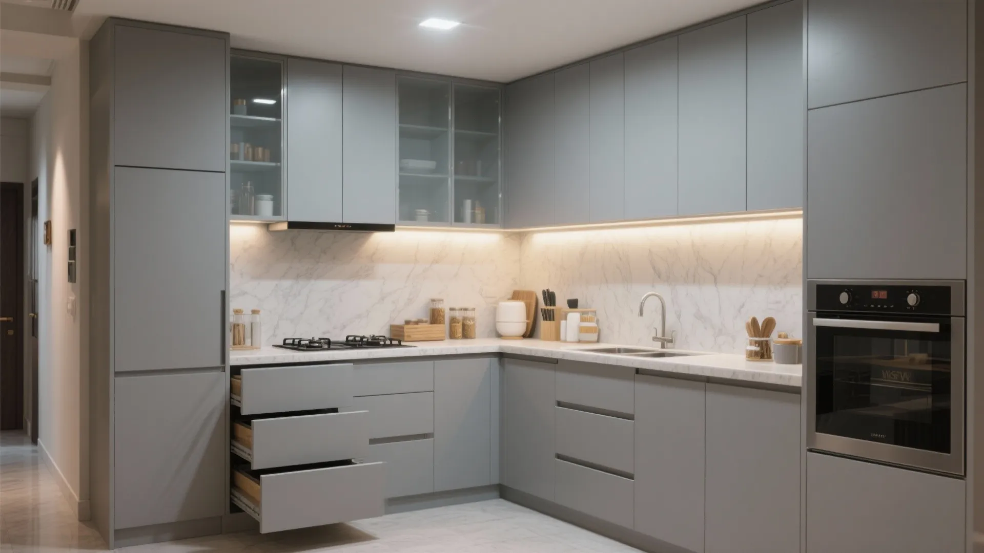 Minimalist kitchen storage with concealed systems