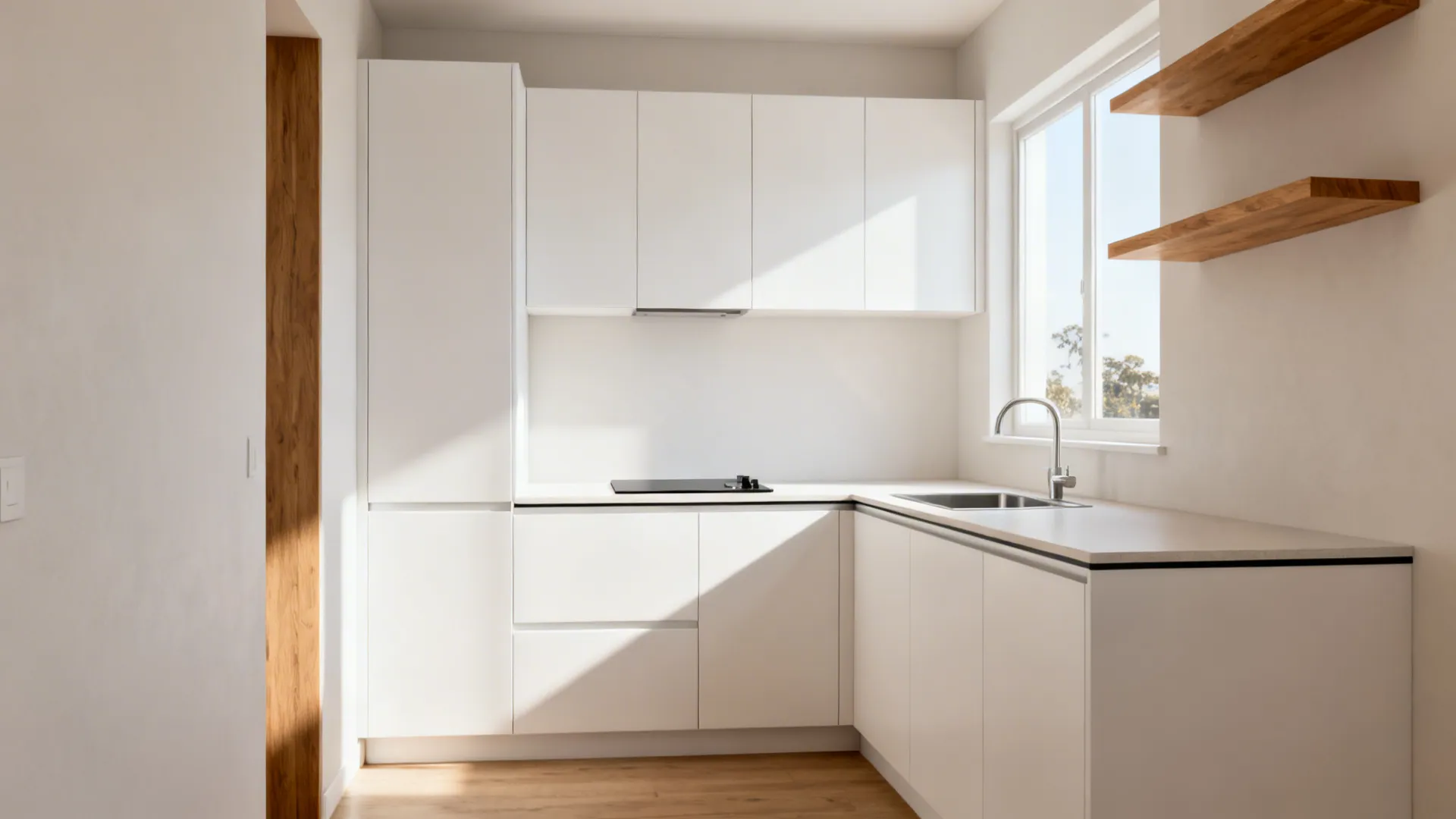 Minimal kitchen with tall pantry units, no uppers on the window wall, and clean push-to-open fronts.