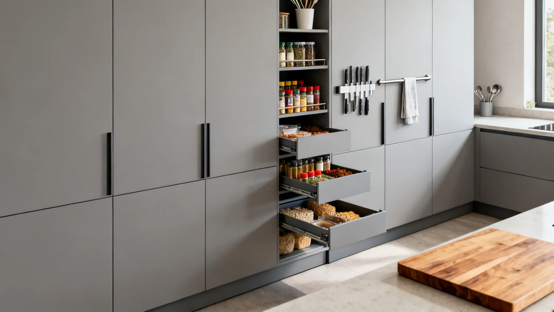 Tall grey kitchen cabinets featuring open pull out drawers filled with various spice jars and grains