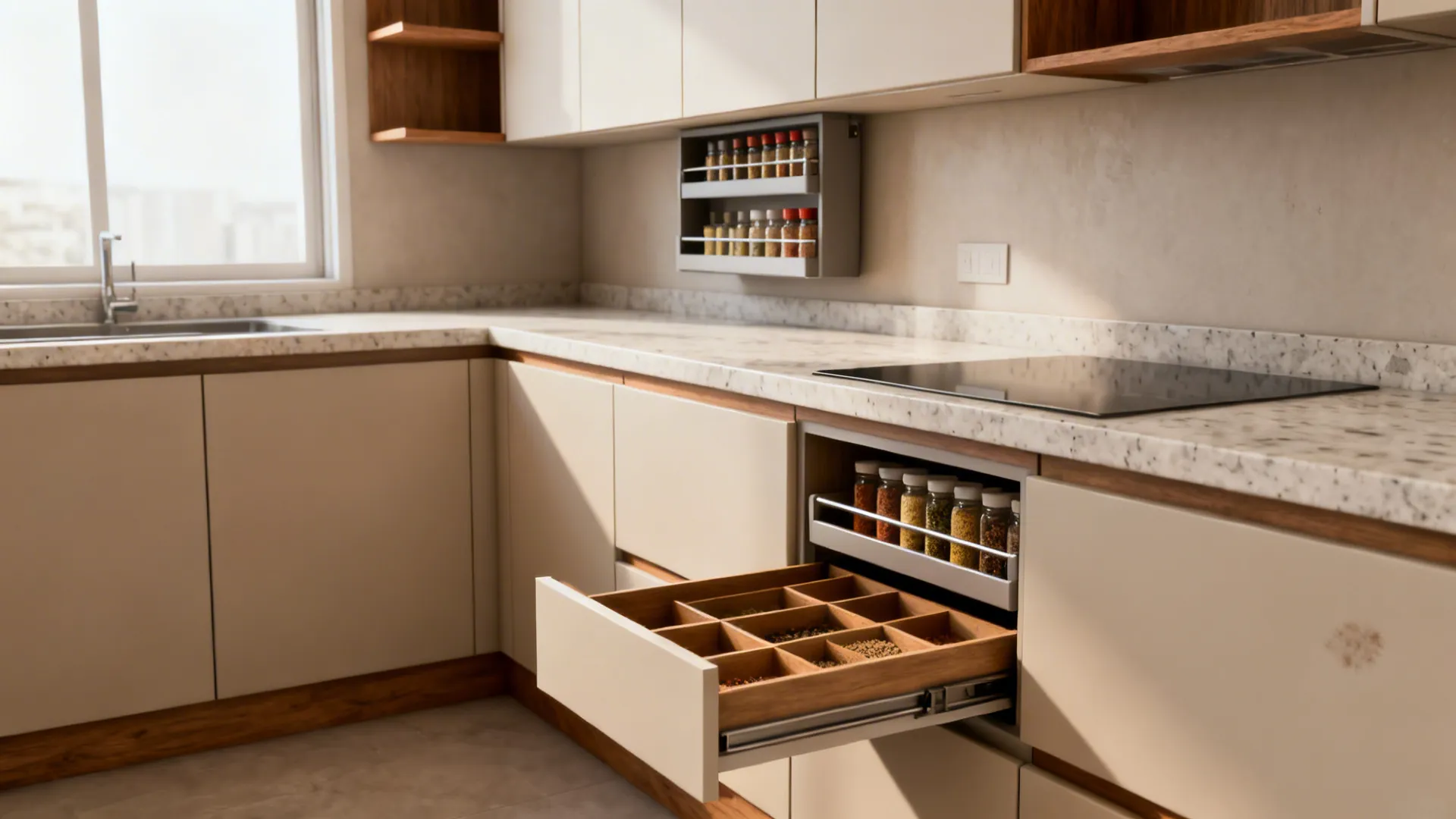 Handle-less matte cabinets with concealed pull-outs and toe-kick storage in a small kitchen.